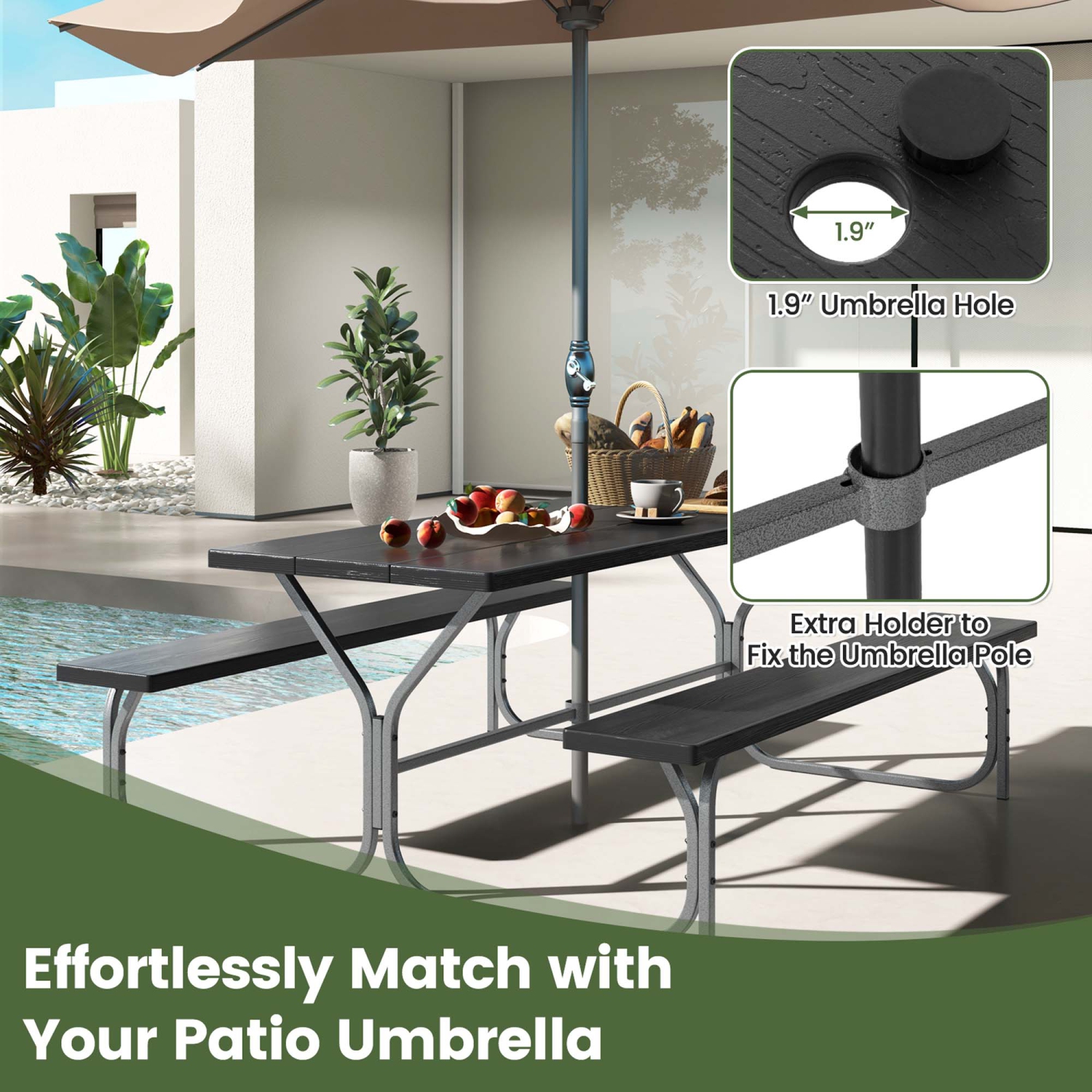 Costway 6 FT Picnic Table Bench Set Outdoor Dining Table & 2 Benches with Metal Frame