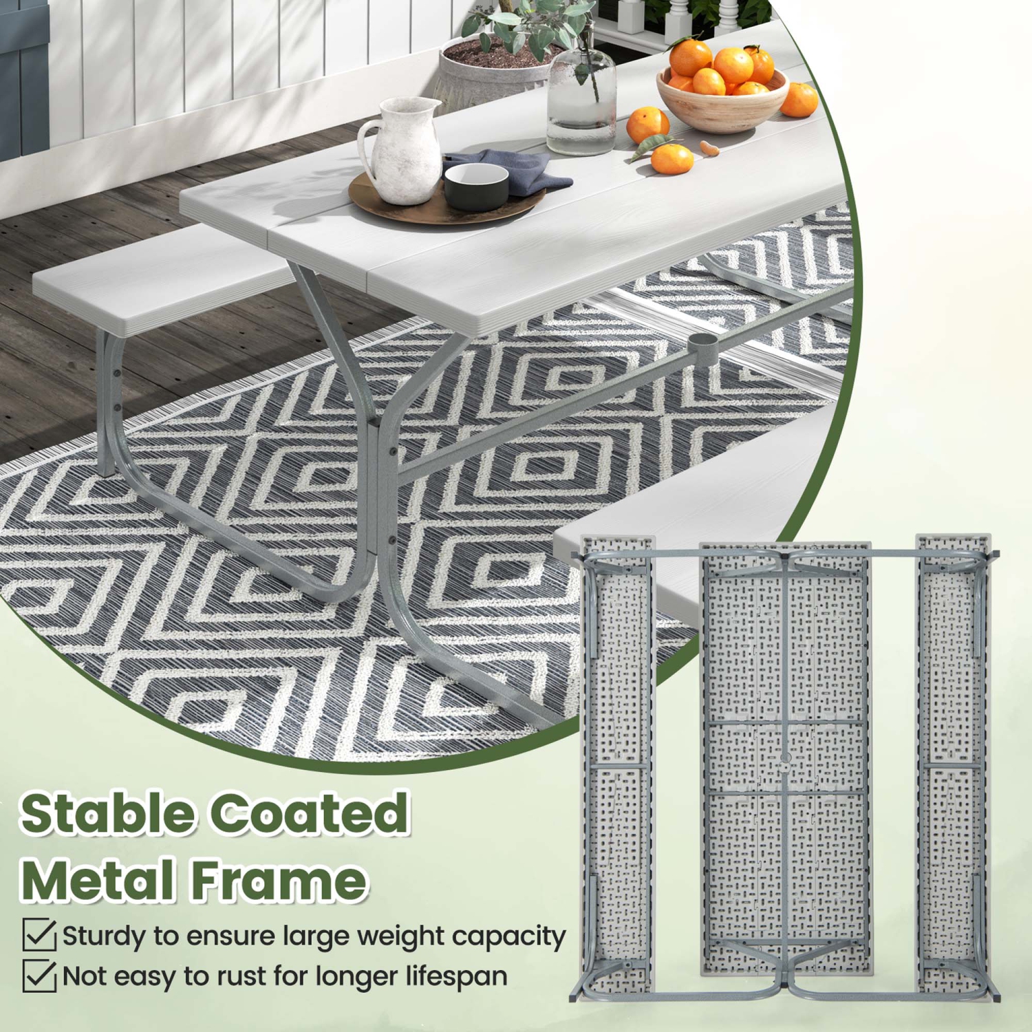 Ensemble avec banc de table à pique-nique d'extérieur de 6 pi et 2 bancs avec cadre en métal de Costway