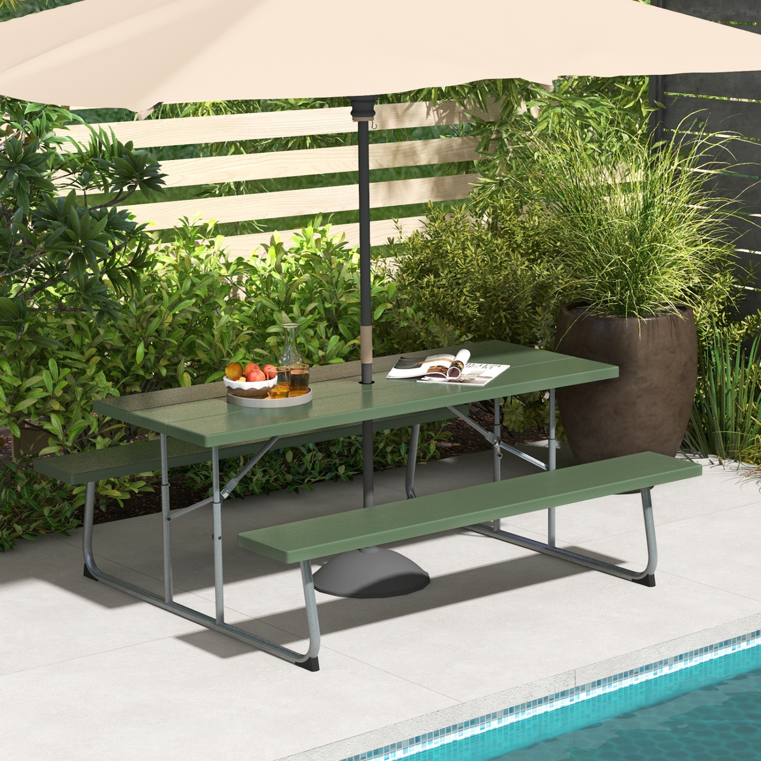 Costway Folding Picnic Table with 2 Benches All Weather Wood-like Tabletop Umbrella Hole