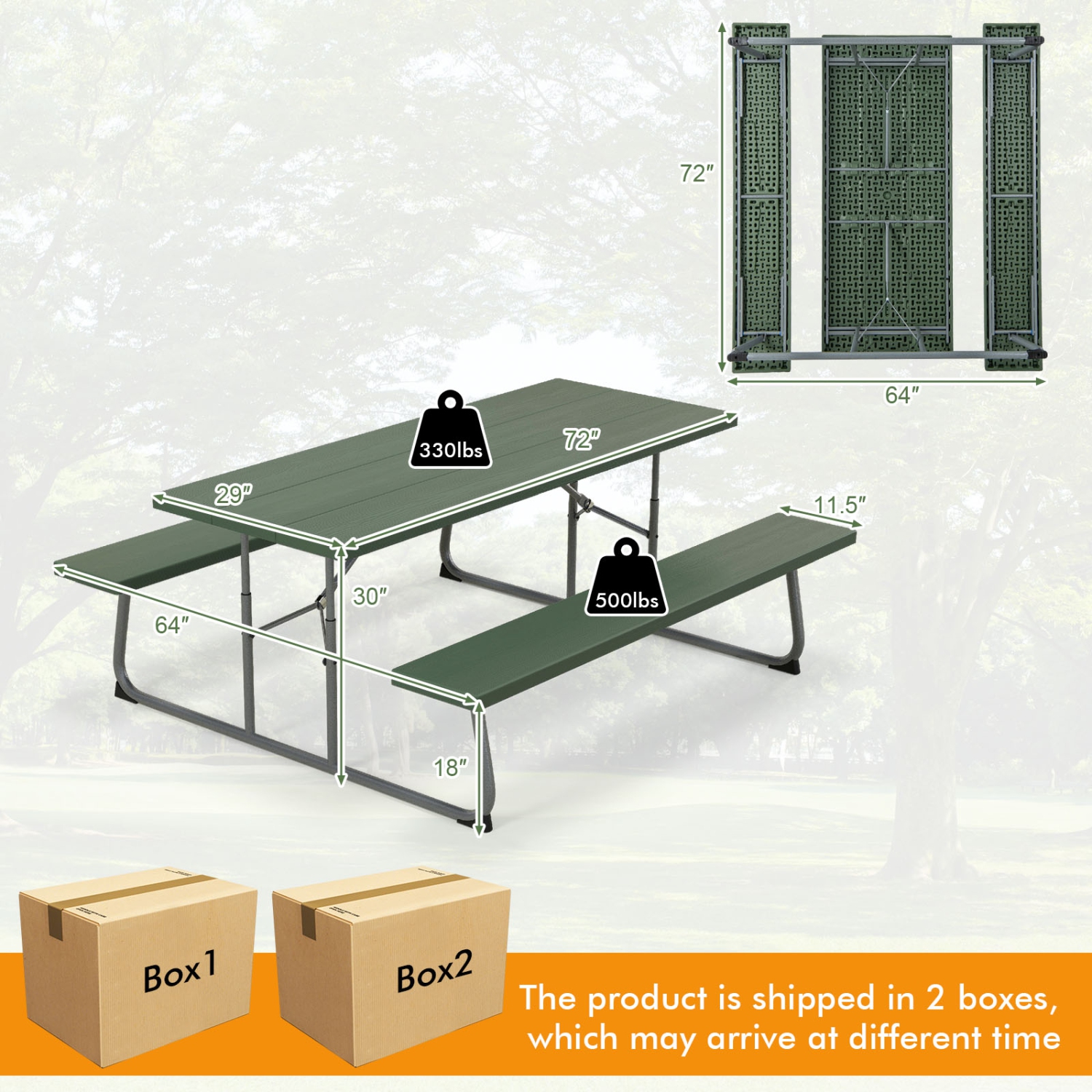 Costway Folding Picnic Table with 2 Benches All Weather Wood-like Tabletop Umbrella Hole