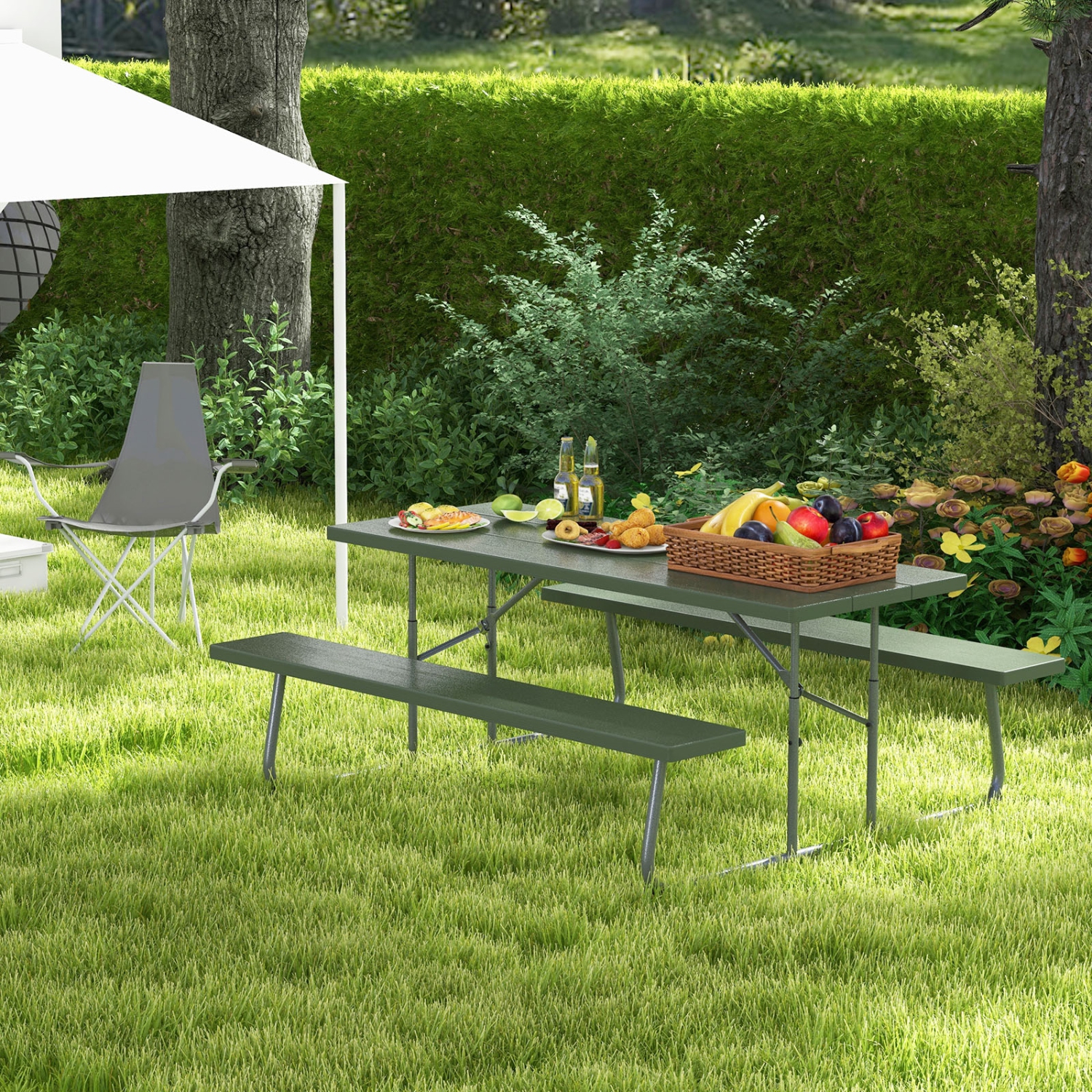 Costway Folding Picnic Table with 2 Benches All Weather Wood-like Tabletop Umbrella Hole