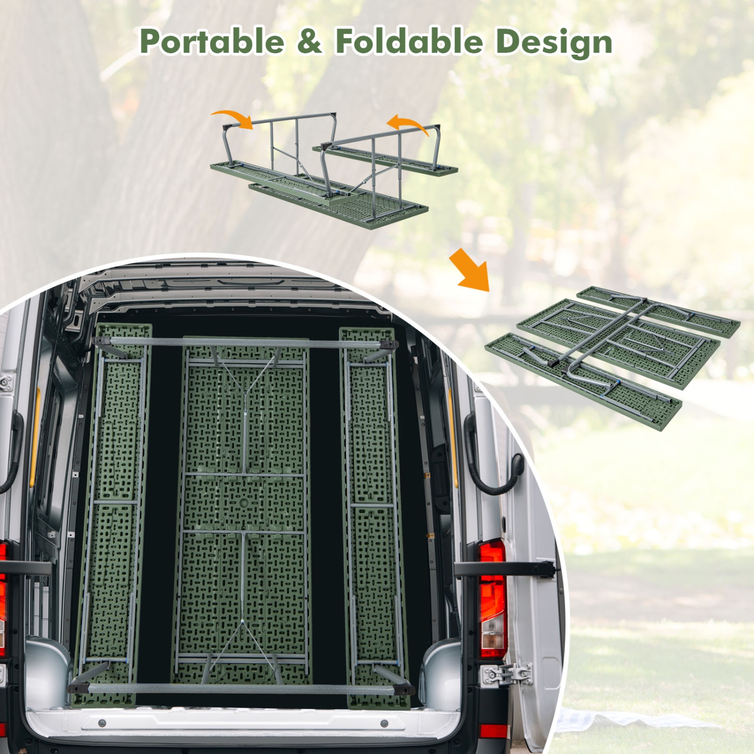 Costway Folding Picnic Table with 2 Benches All Weather Wood-like Tabletop Umbrella Hole