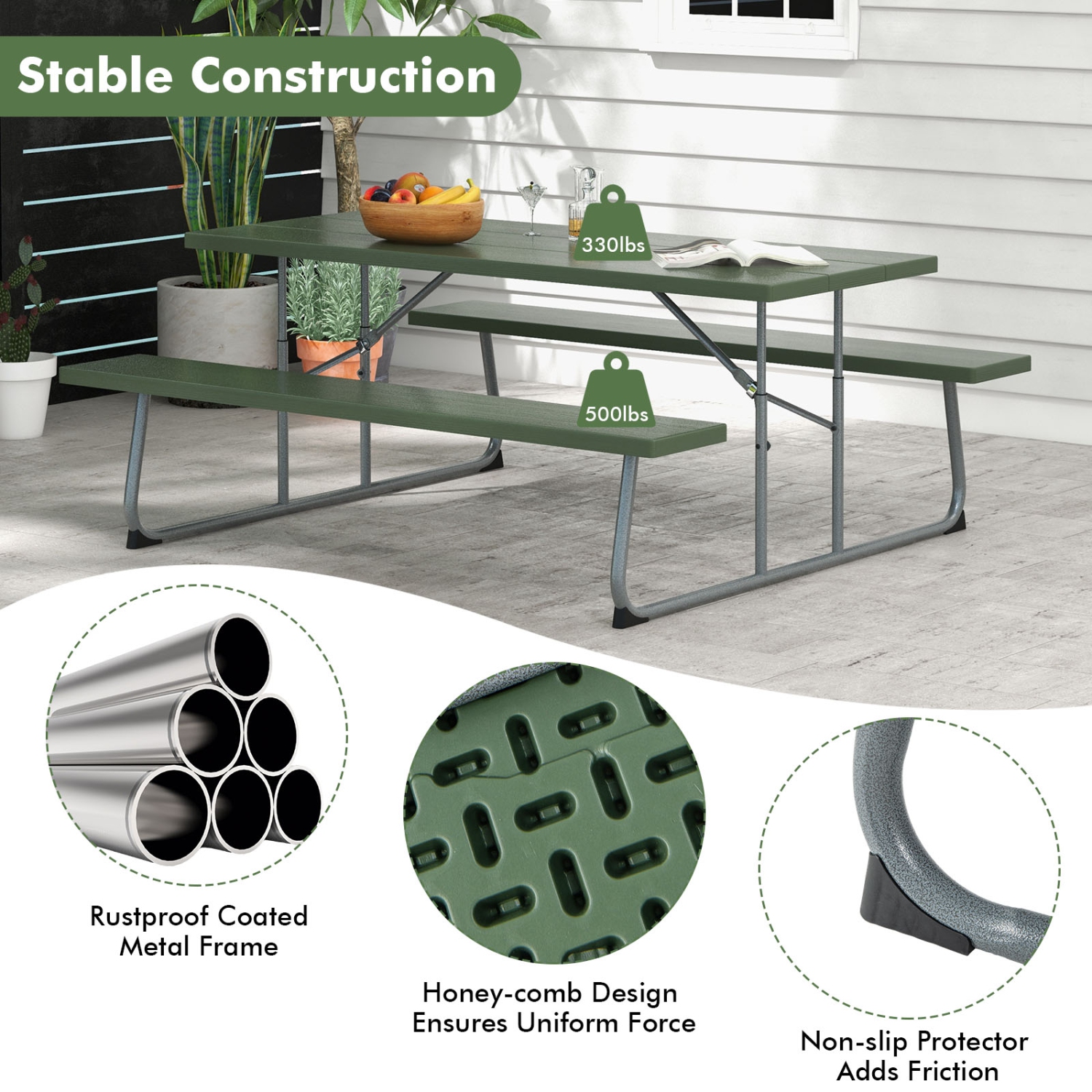 Costway Folding Picnic Table with 2 Benches All Weather Wood-like Tabletop Umbrella Hole