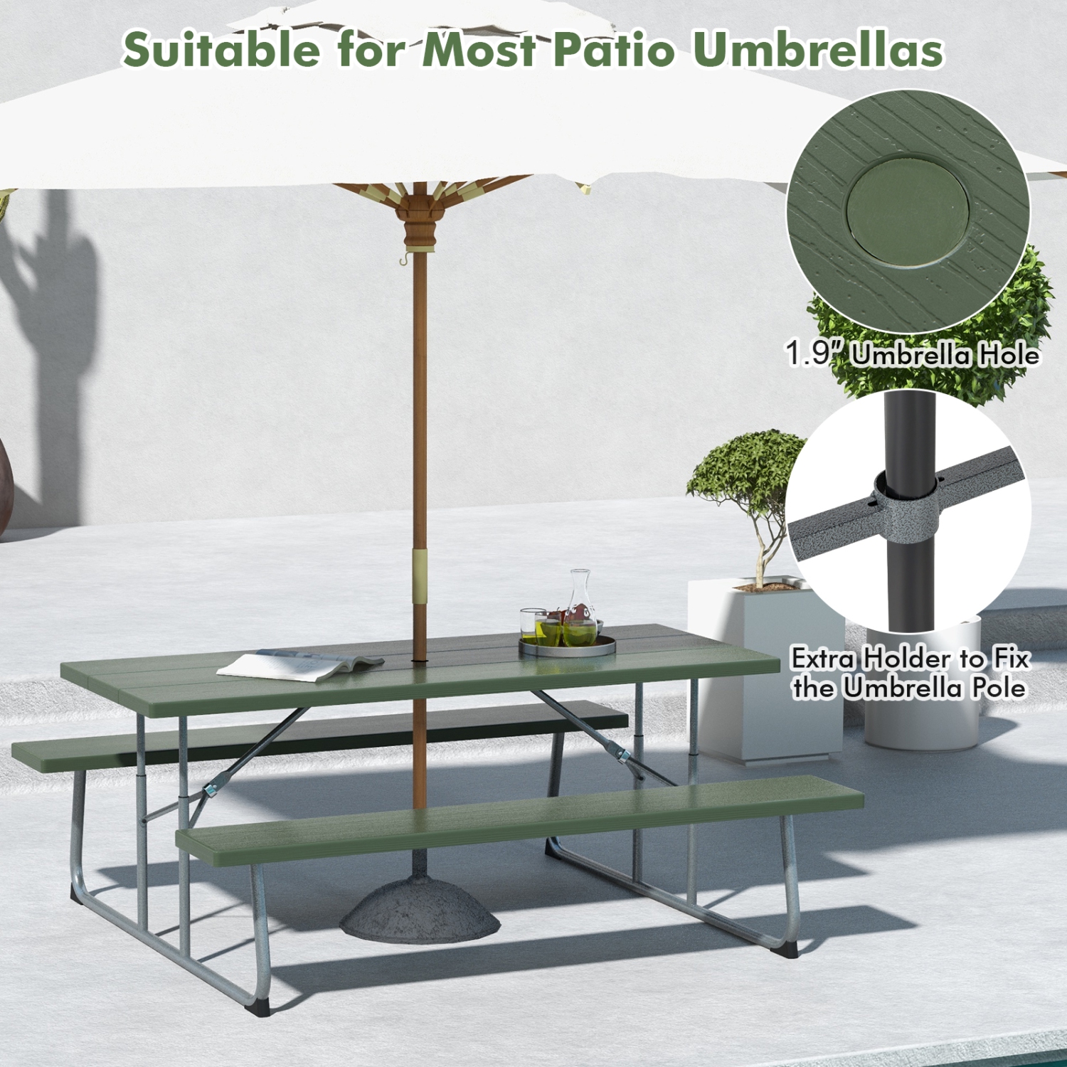 Costway Folding Picnic Table with 2 Benches All Weather Wood-like Tabletop Umbrella Hole