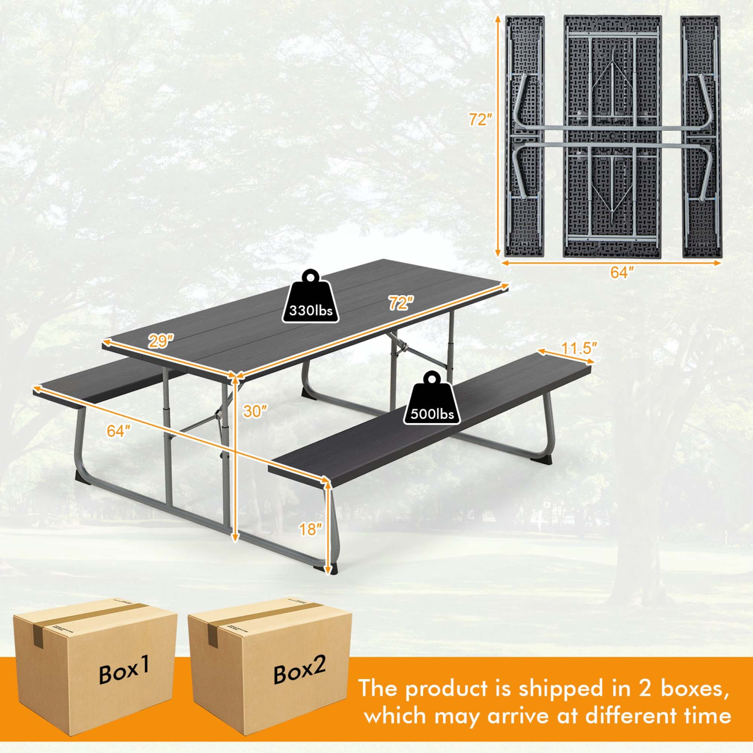 Costway Folding Picnic Table with 2 Benches All Weather Wood-like Tabletop Umbrella Hole