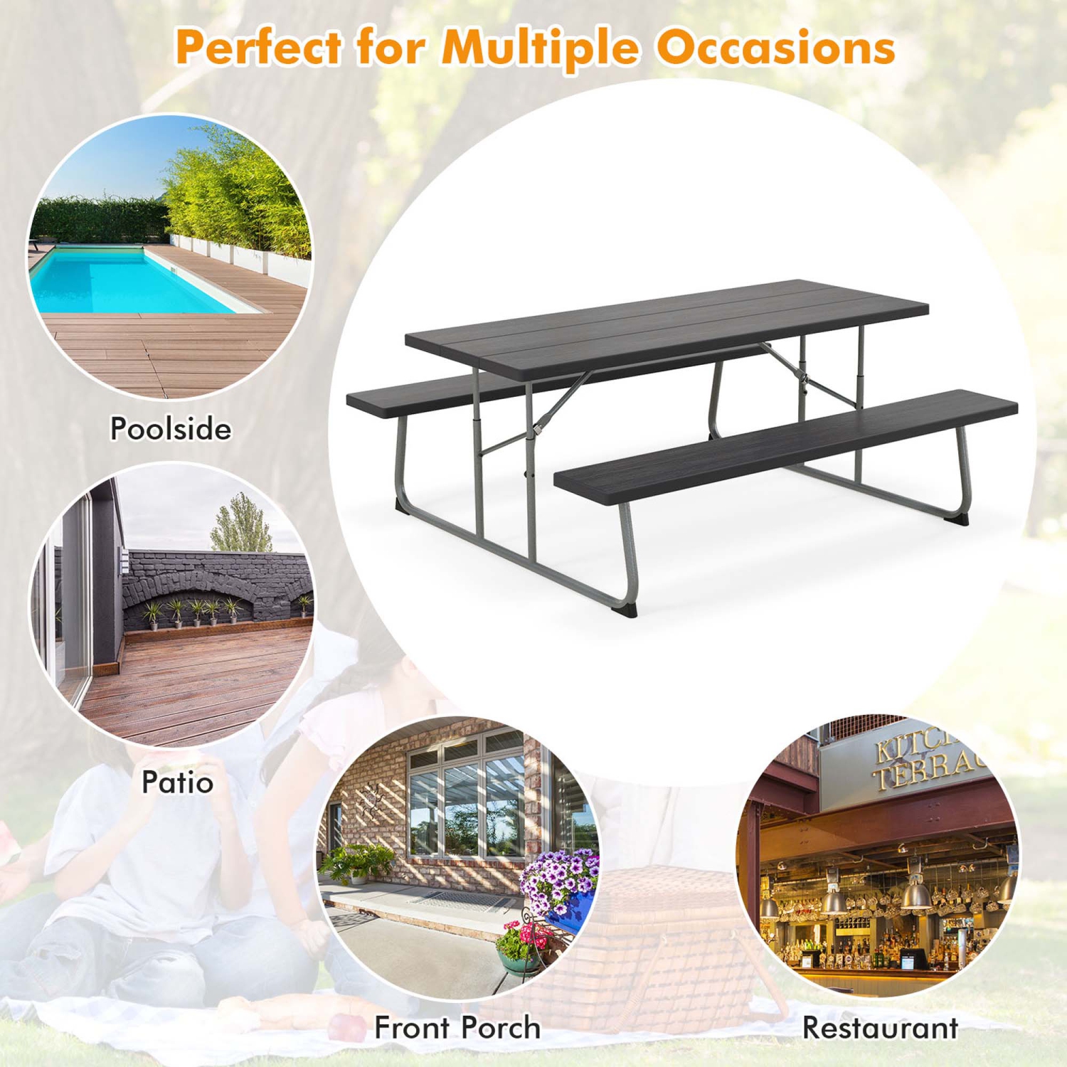 Costway Folding Picnic Table with 2 Benches All Weather Wood-like Tabletop Umbrella Hole