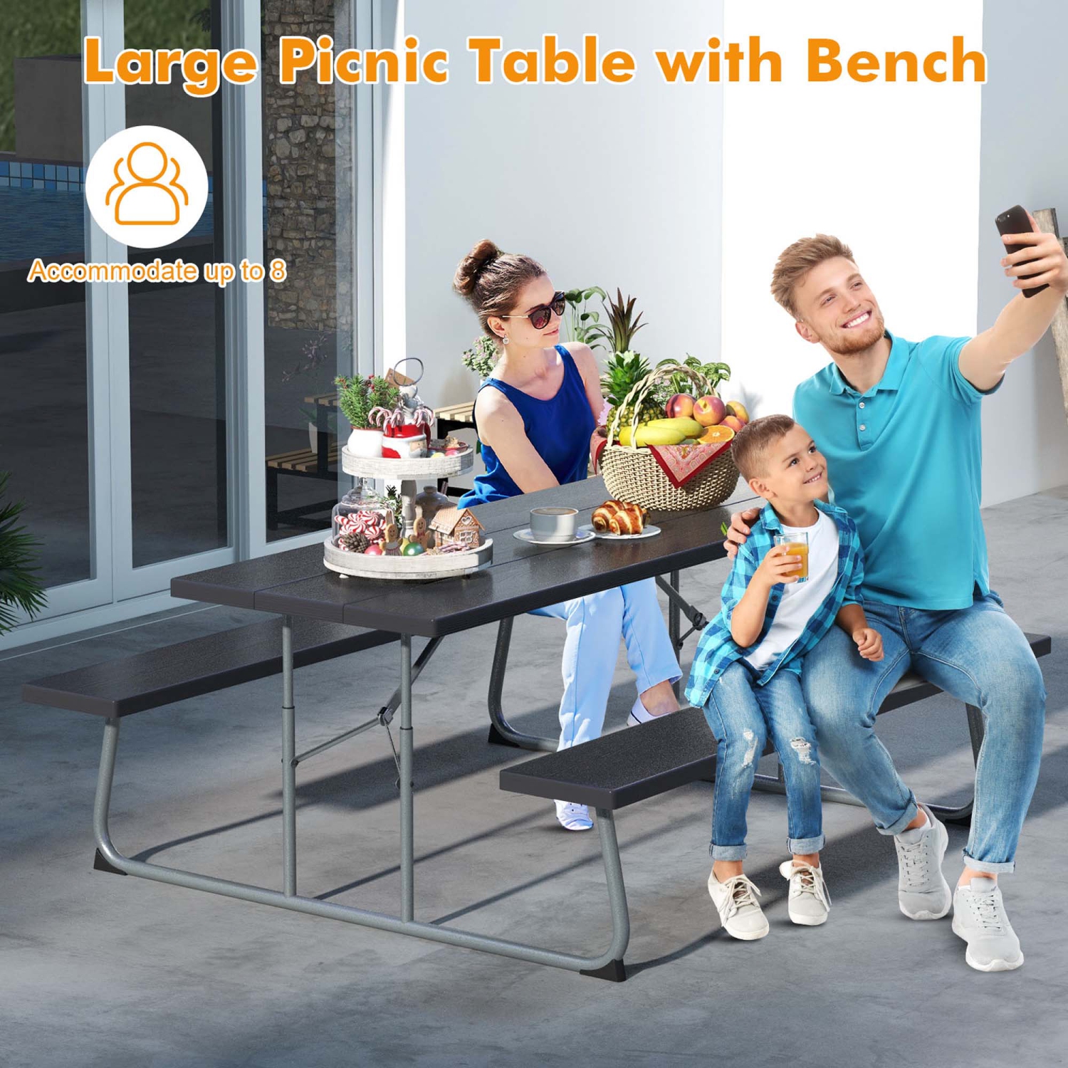 Costway Folding Picnic Table with 2 Benches All Weather Wood-like Tabletop Umbrella Hole