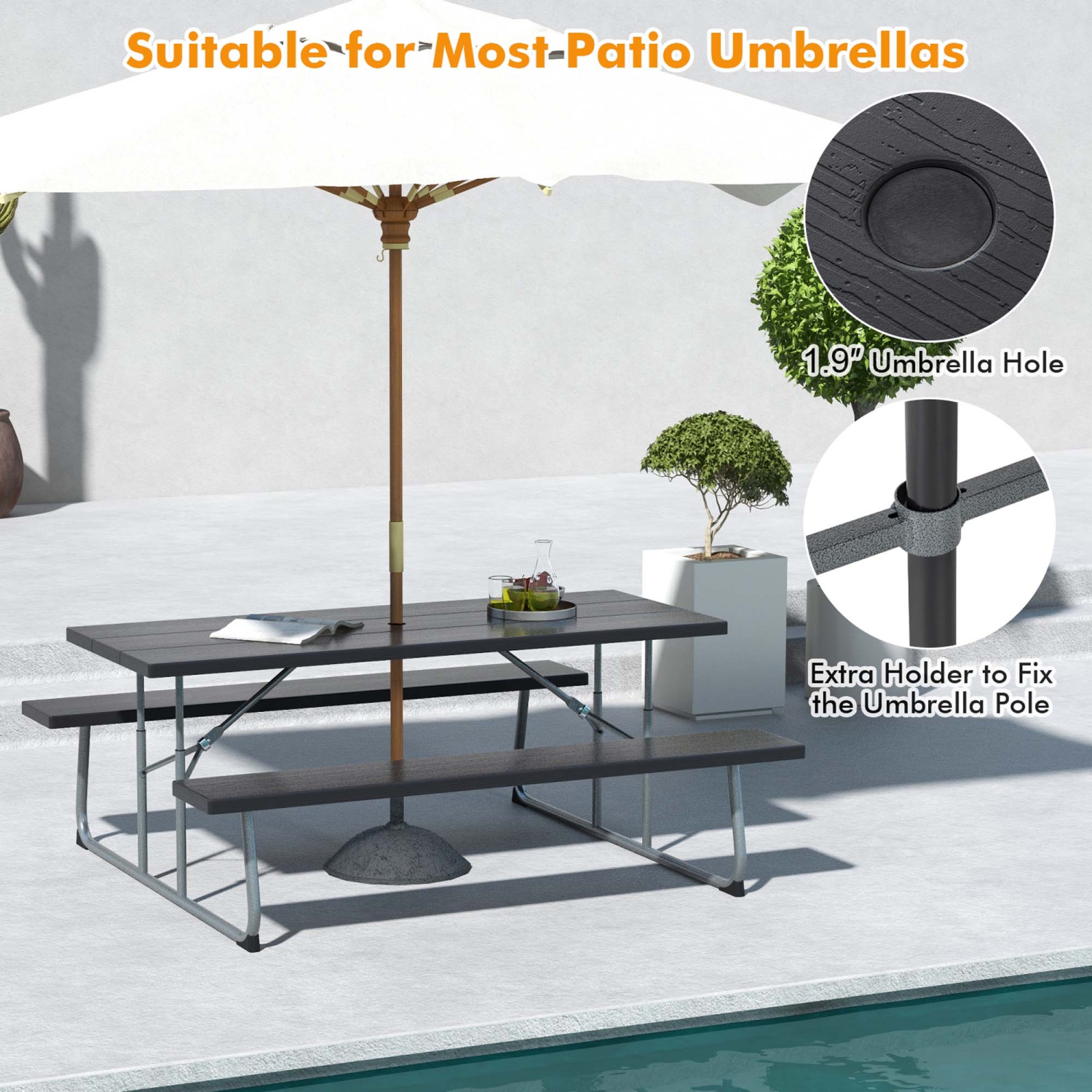 Costway Folding Picnic Table with 2 Benches All Weather Wood-like Tabletop Umbrella Hole