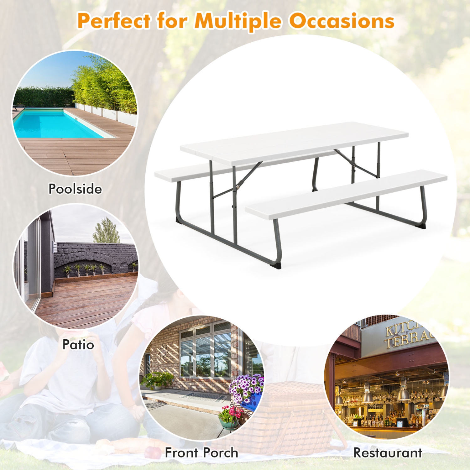 Costway Folding Picnic Table with 2 Benches All Weather Wood-like Tabletop Umbrella Hole