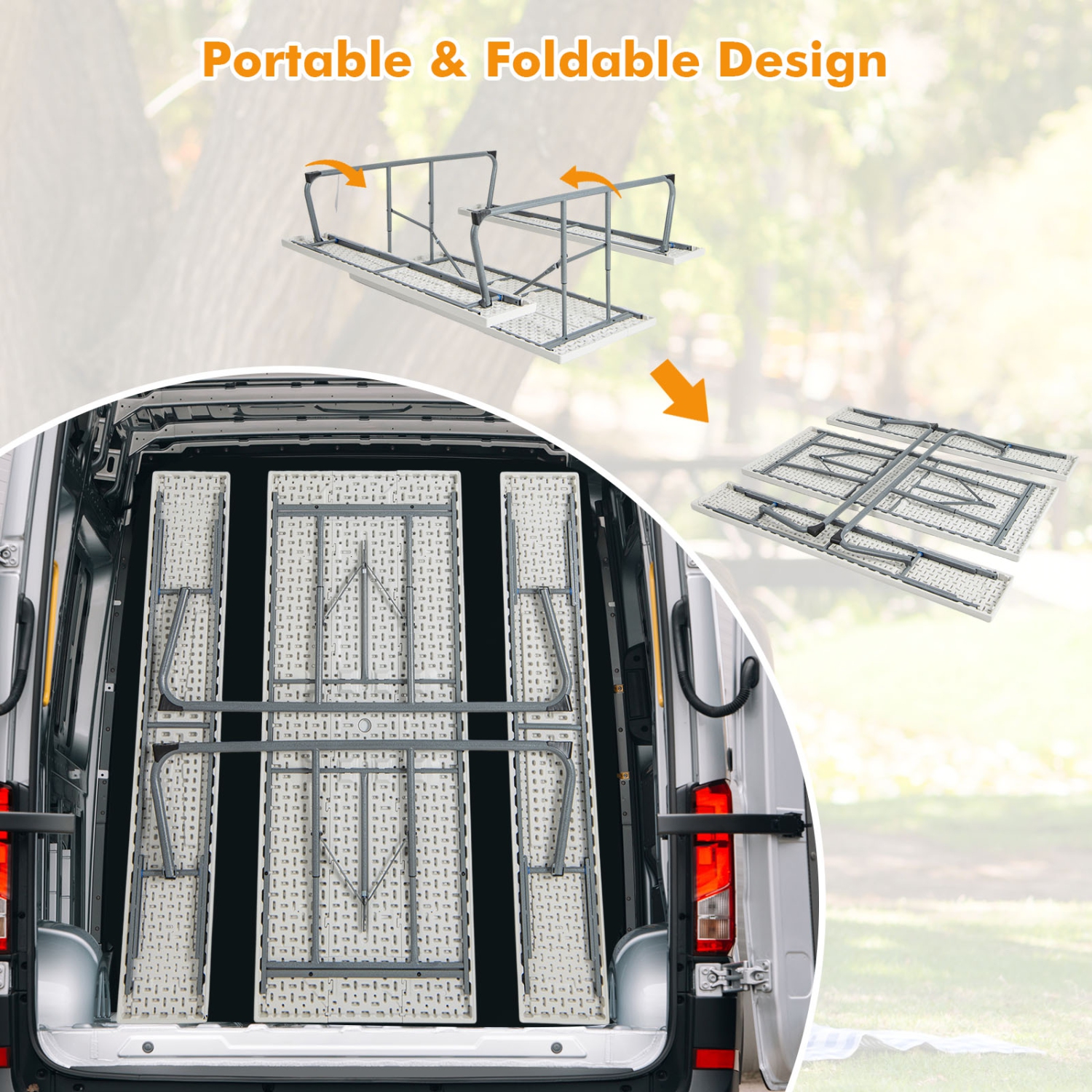Costway Folding Picnic Table with 2 Benches All Weather Wood-like Tabletop Umbrella Hole