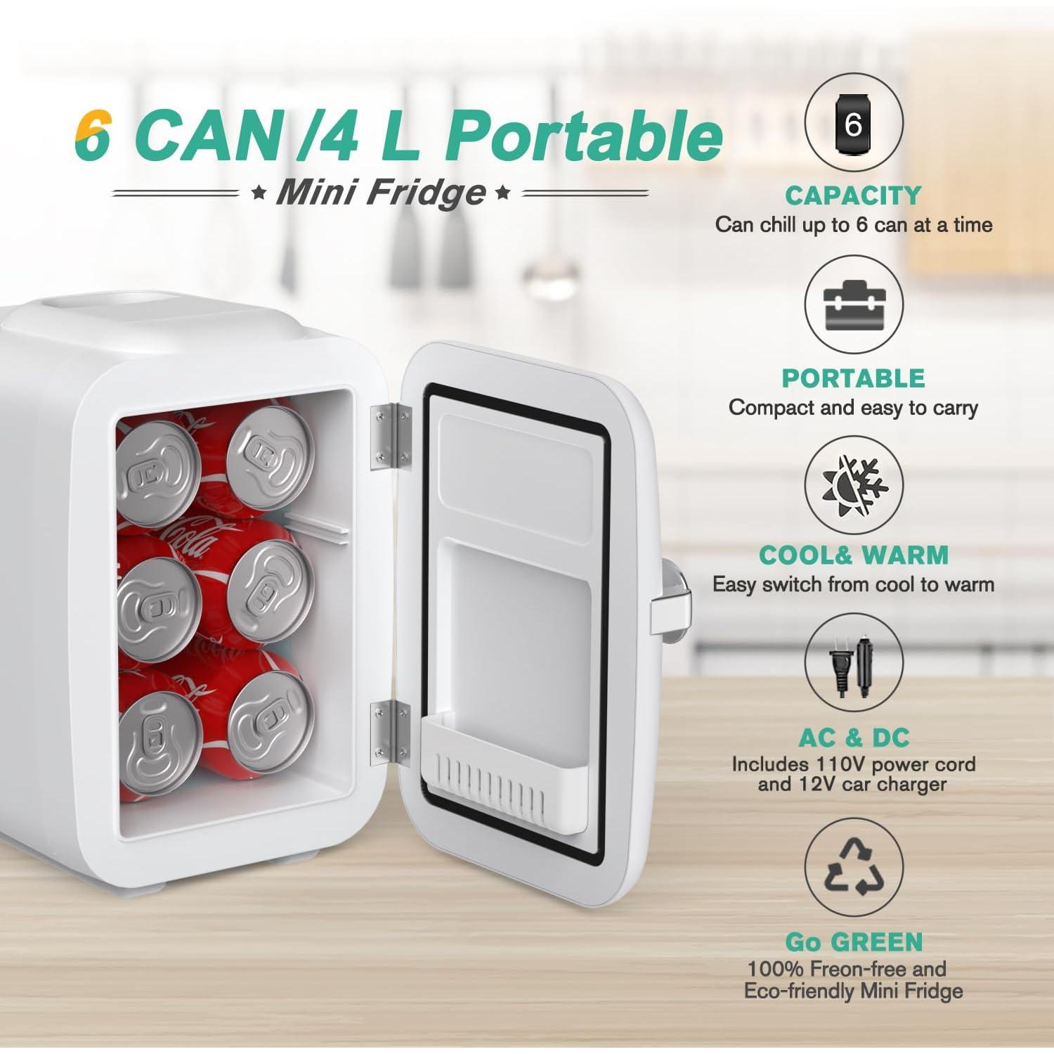 CROWNFUL Mini Fridge, 4 Liter/6 Can Portable Cooler and Warmer Personal Refrigerator - White