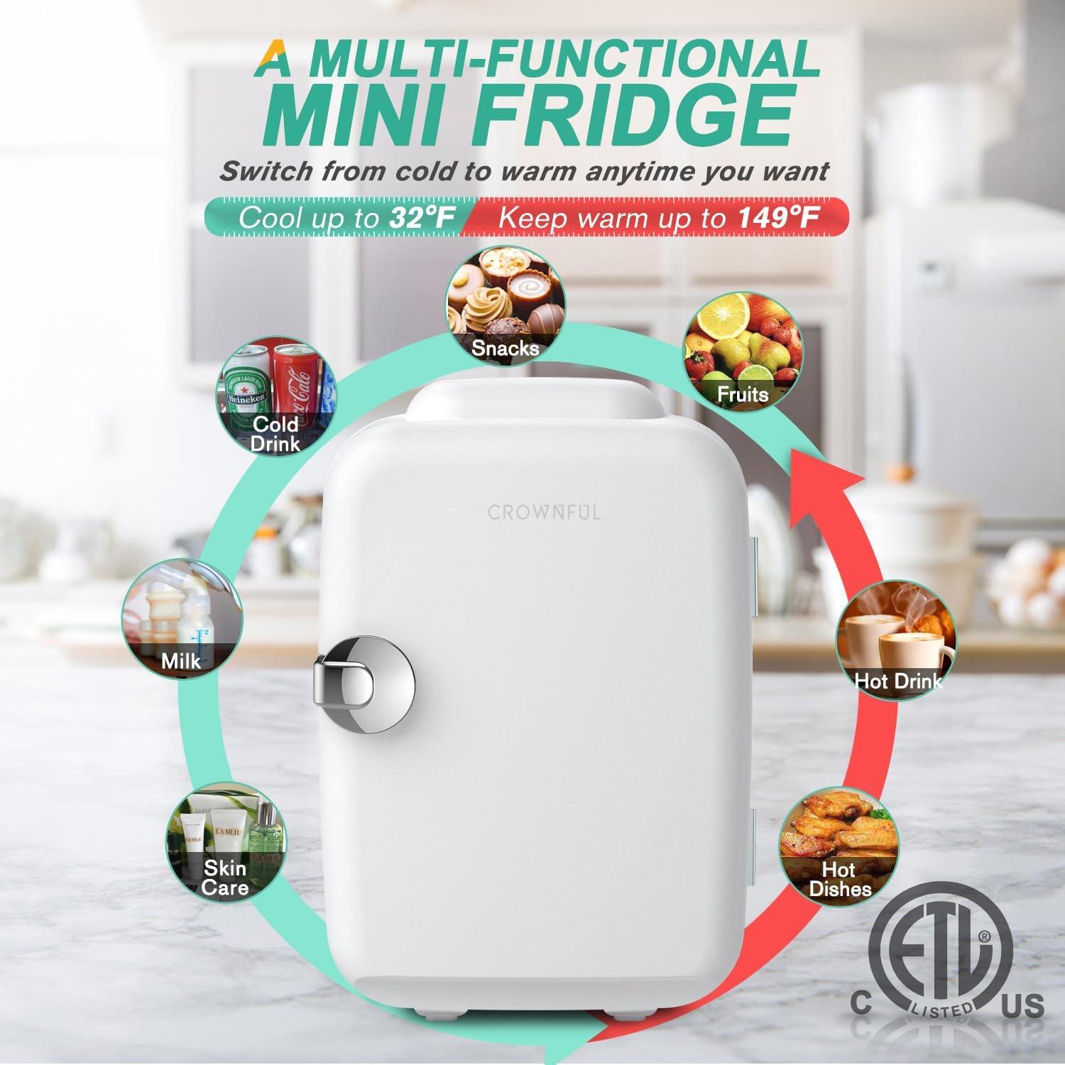 CROWNFUL Mini Fridge, 4 Liter/6 Can Portable Cooler and Warmer Personal Refrigerator - White