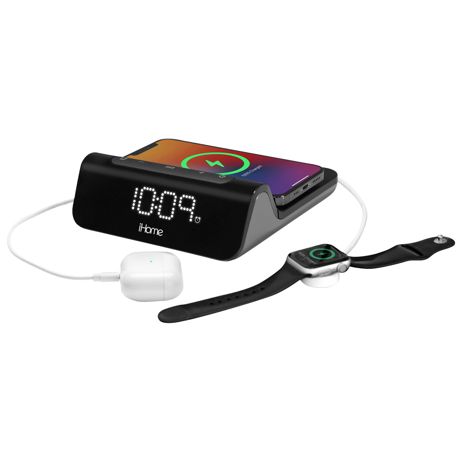Réveille-matin 3-en-1 à recharge magnétique sans fil et ports USB-A/USB-C iW23B d'iHome