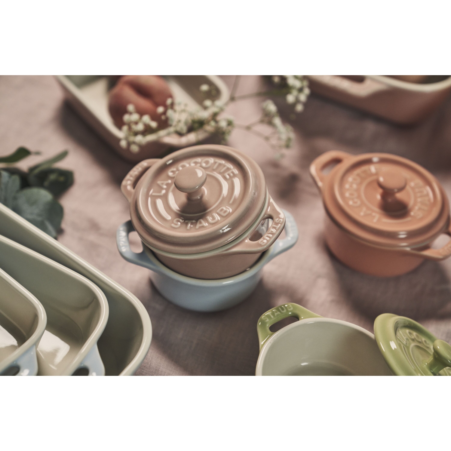 STAUB Ceramique 6 Piece Ceramic Cocotte Set Macaron, Mixed Colours