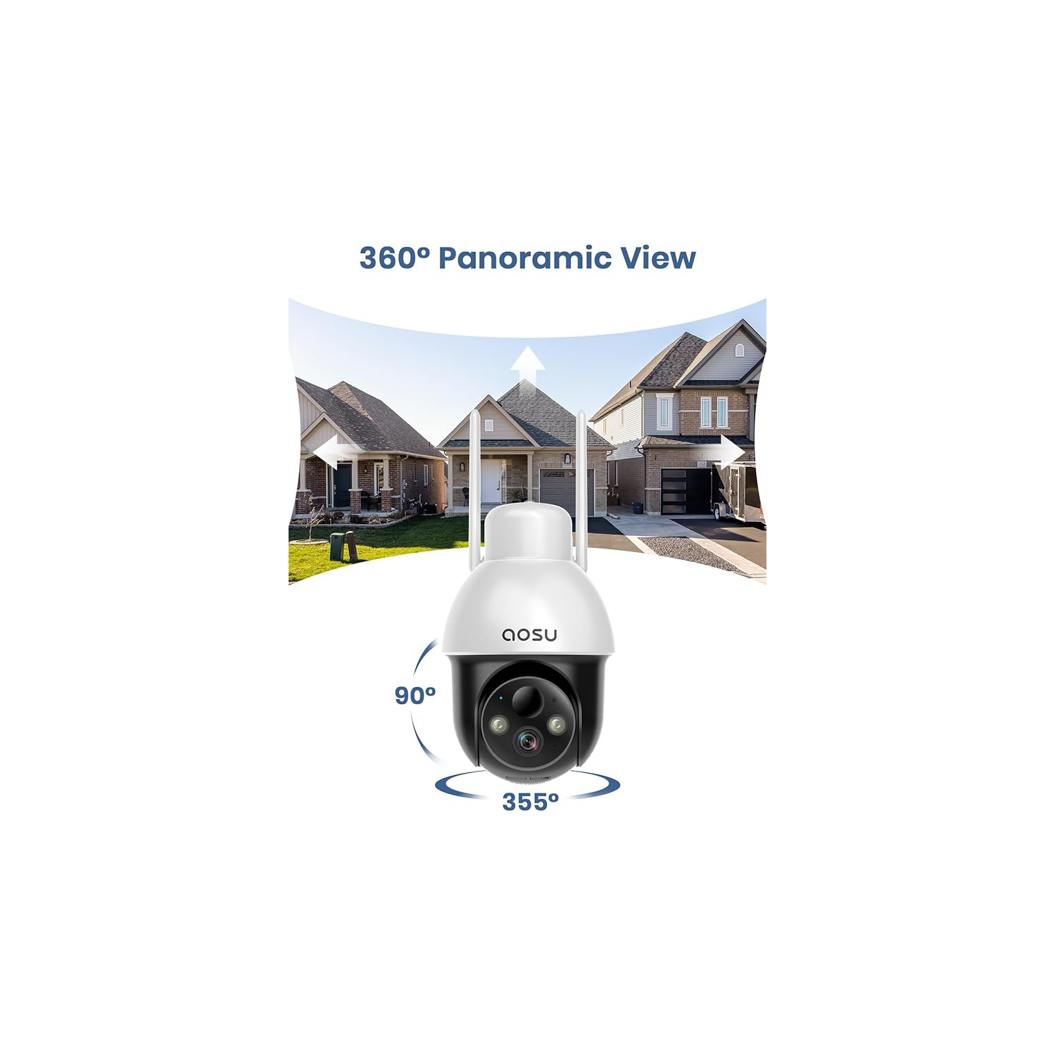 AOSU Solar Security Camera Wireless Outdoor with Panoramic PTZ, Human Auto Tracking, 2K Night Vision, Light and Sound Alarm, 2-Way Talk, Compatible