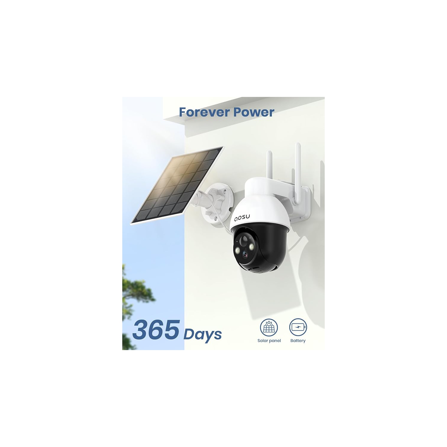 AOSU Solar Security Camera Wireless Outdoor with Panoramic PTZ, Human Auto Tracking, 2K Night Vision, Light and Sound Alarm, 2-Way Talk, Compatible