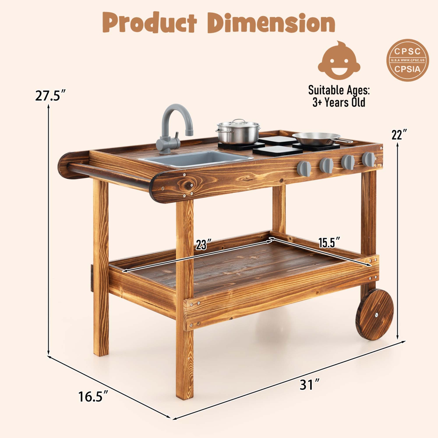Costway Kids Wooden Mud Play Kitchen Cart with Sink, 4 Stoves & Storage Shelf Natural
