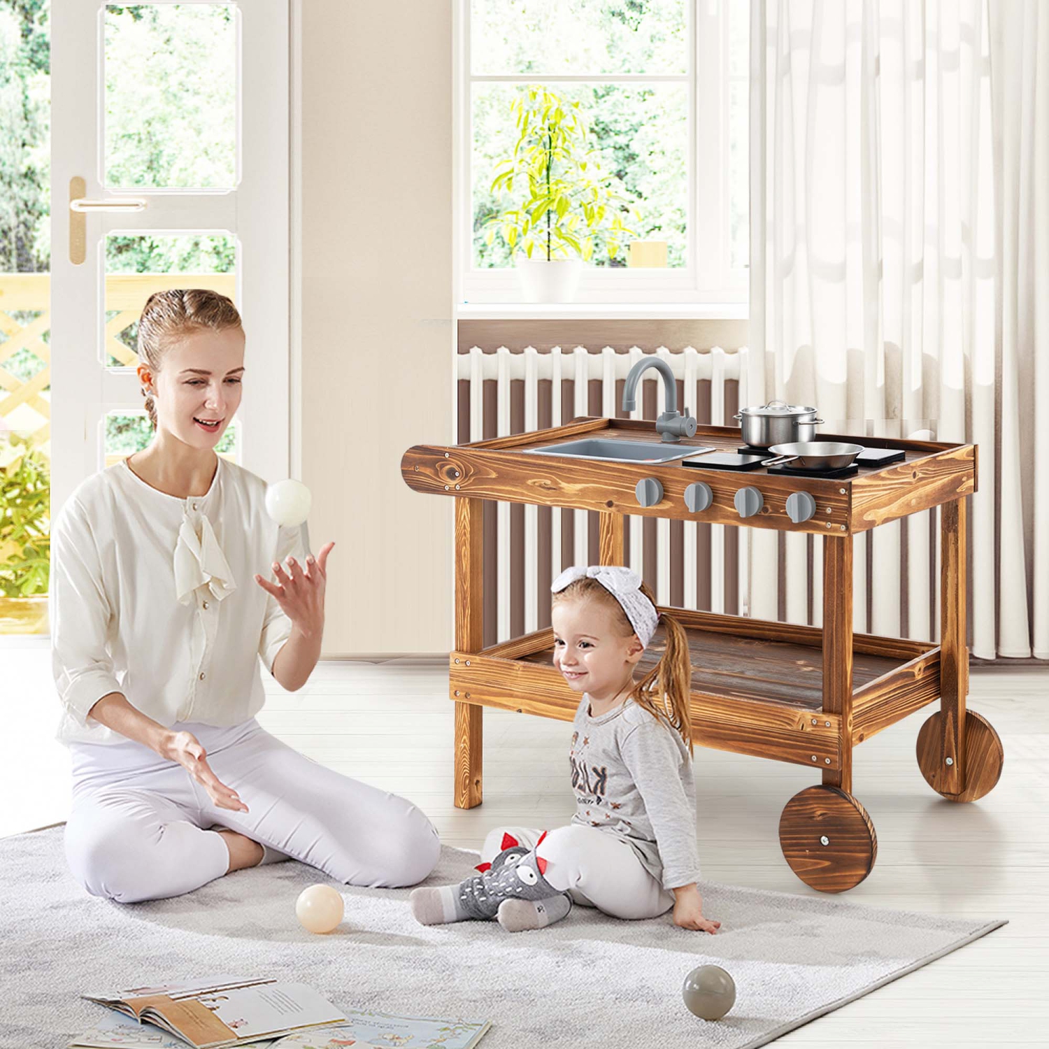 Costway Kids Wooden Mud Play Kitchen Cart with Sink, 4 Stoves & Storage Shelf Natural