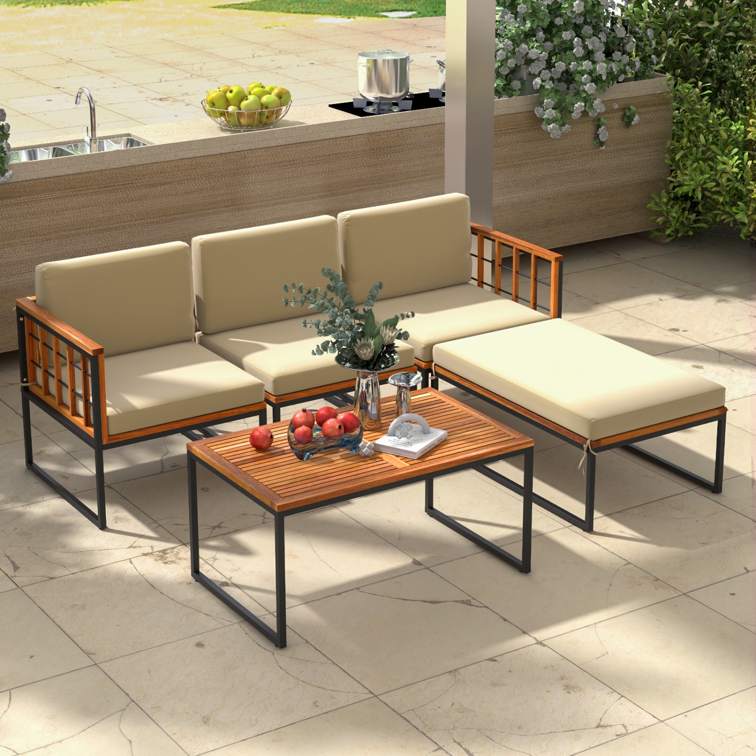 Costway 5 PCS Patio Furniture Set Acacia Wood Sectional Set with Seat & Back Cushions