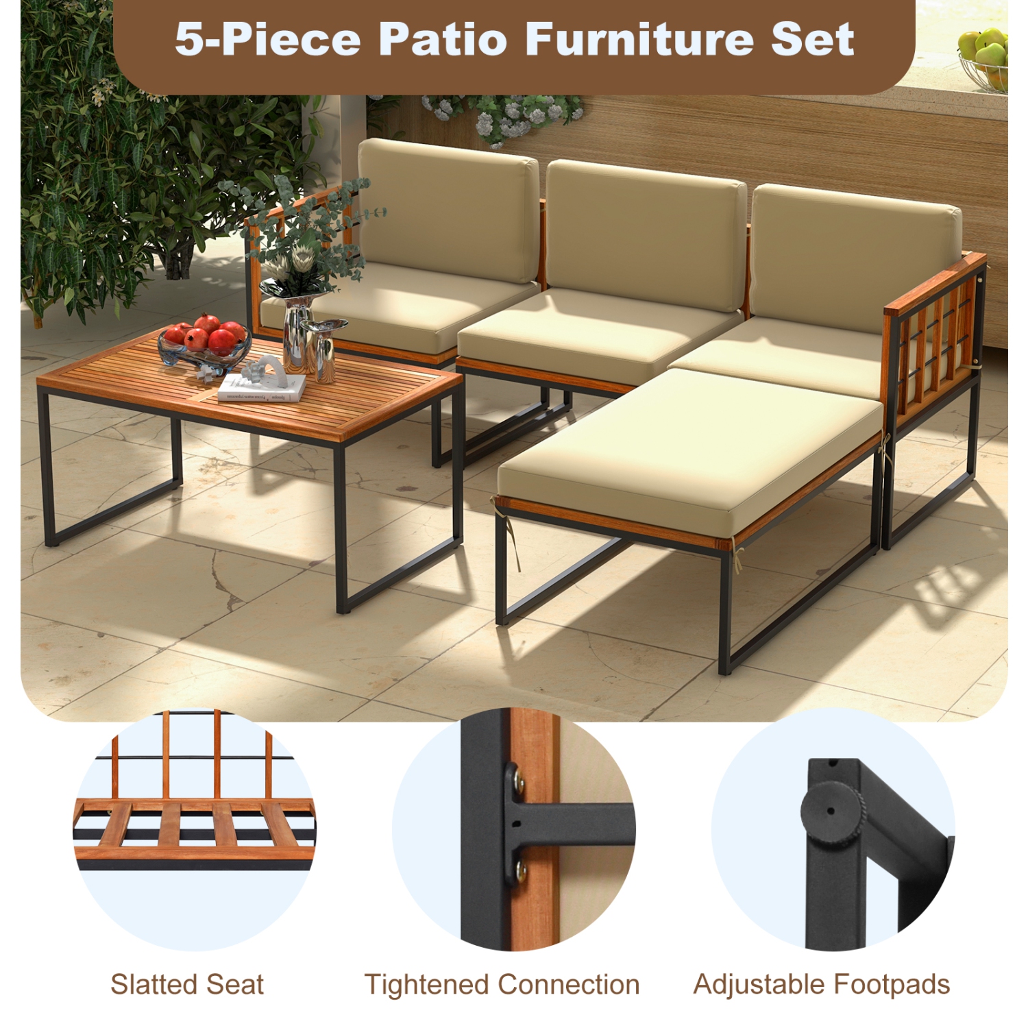 Costway 5 PCS Patio Furniture Set Acacia Wood Sectional Set with Seat & Back Cushions