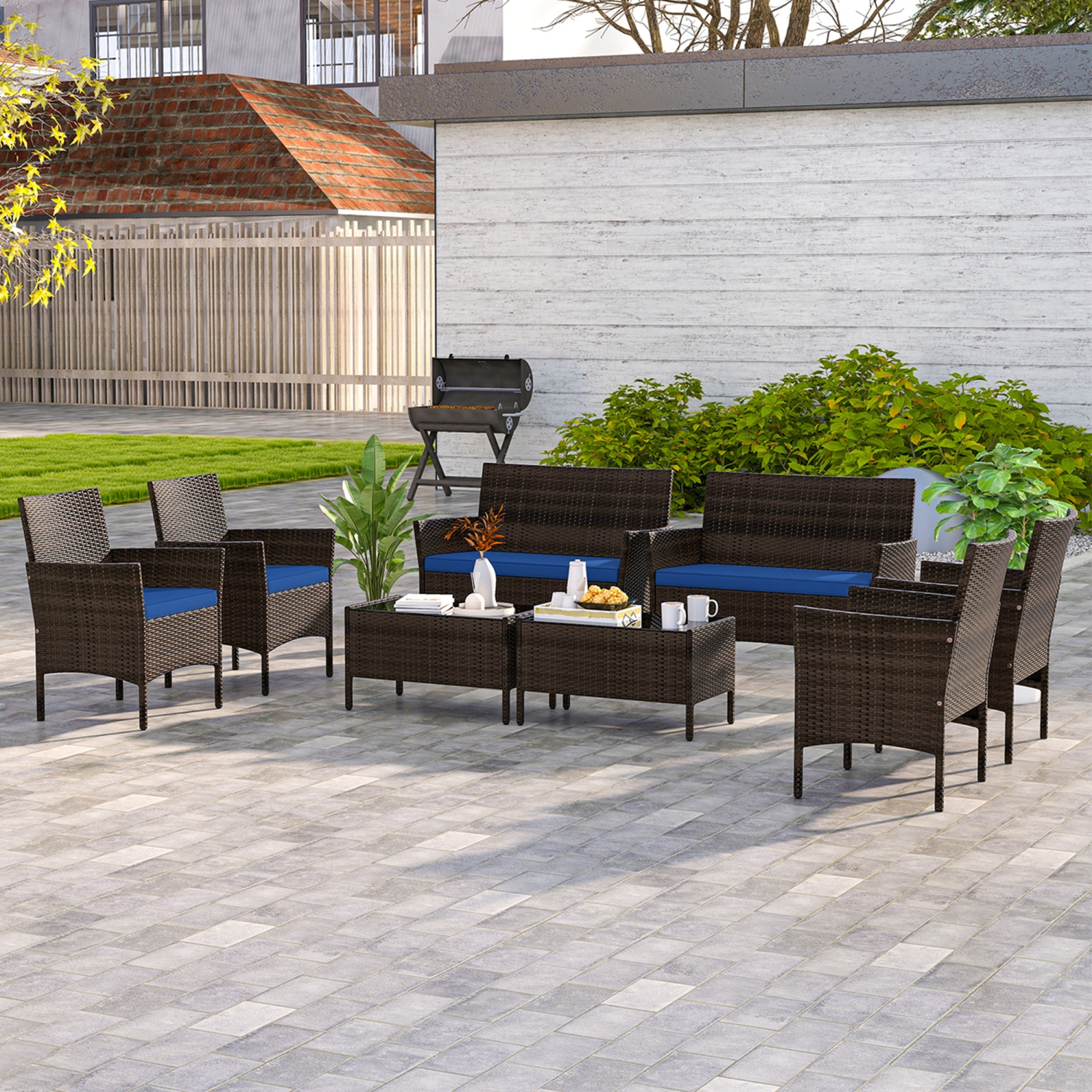Costway 8 PCS Patio Furniture Set with Washable Cushions and Tempered Glass Coffee Table