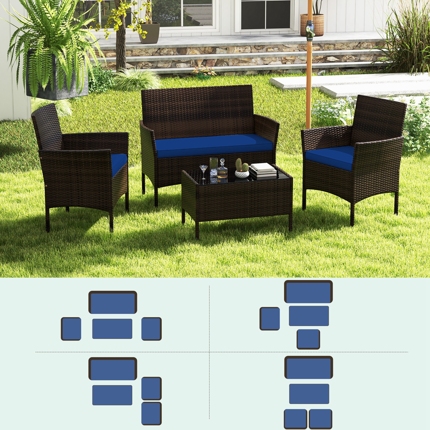 Costway 8 PCS Patio Furniture Set with Washable Cushions and Tempered Glass Coffee Table