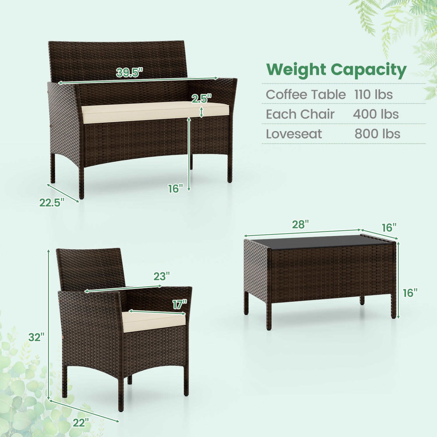 Costway 4 PCS Patio Furniture Set with Washable Cushions and Tempered Glass Coffee Table