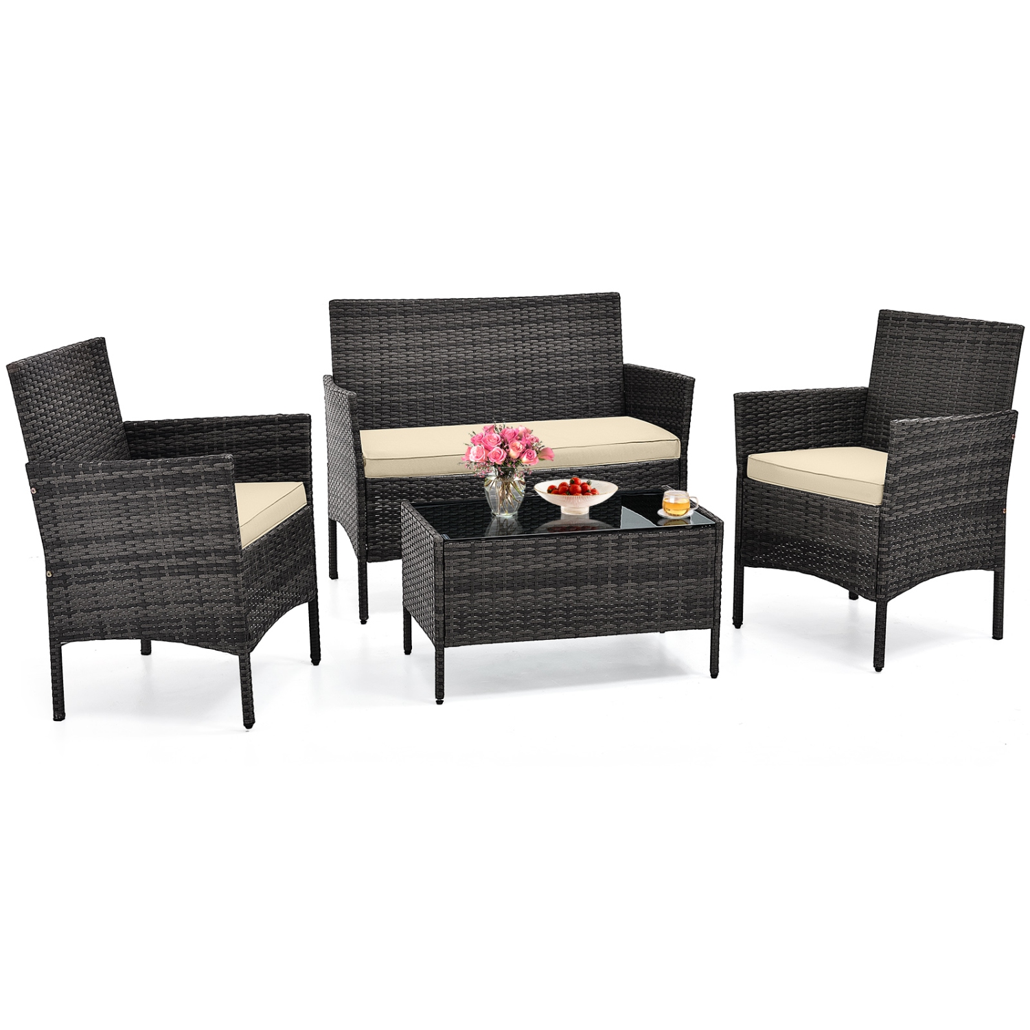 Costway 4 PCS Patio Furniture Set with Washable Cushions and Tempered Glass Coffee Table