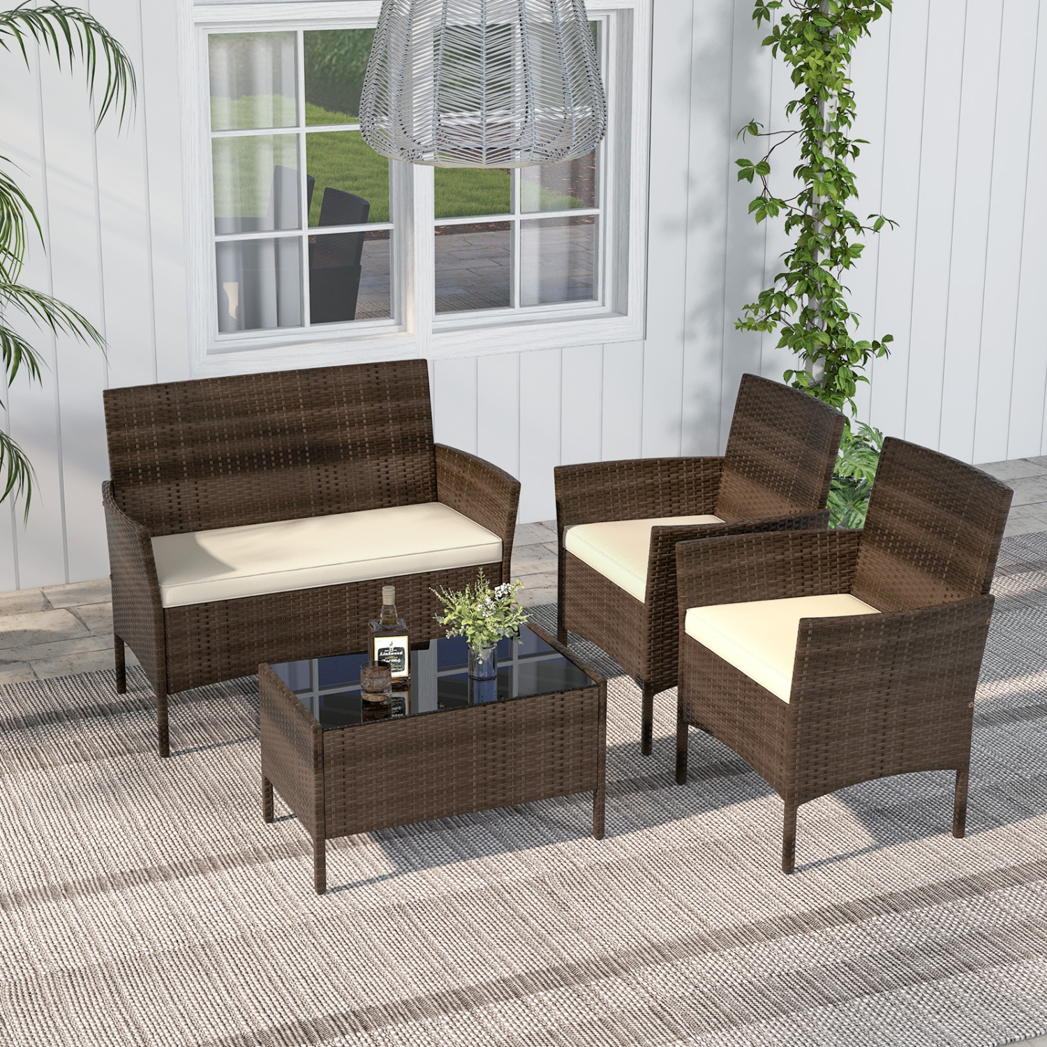 Costway 4 PCS Patio Furniture Set with Washable Cushions and Tempered Glass Coffee Table