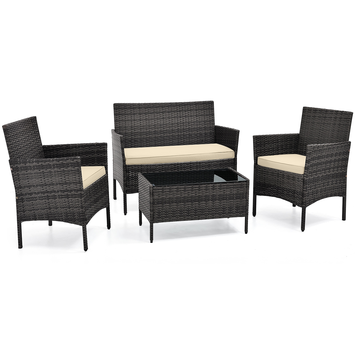 Costway 4 PCS Patio Furniture Set with Washable Cushions and Tempered Glass Coffee Table