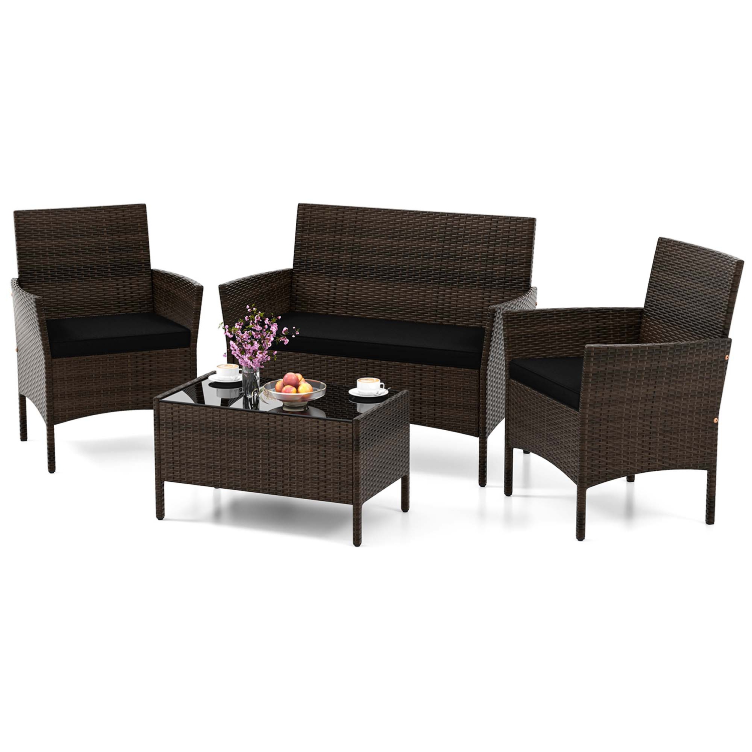 Costway 4 PCS Patio Furniture Set with Washable Cushions and Tempered Glass Coffee Table