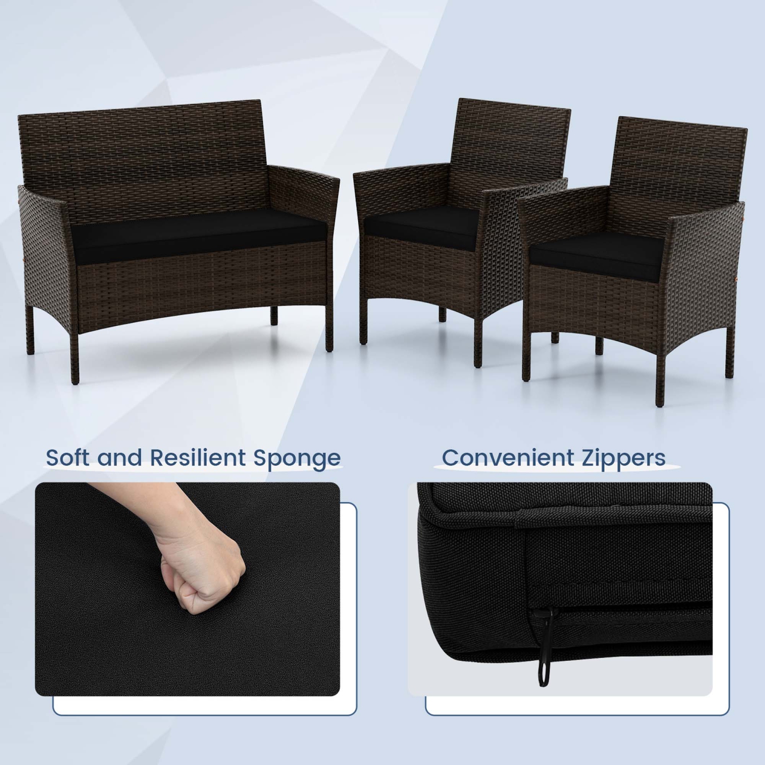 Costway 4 PCS Patio Furniture Set with Washable Cushions and Tempered Glass Coffee Table