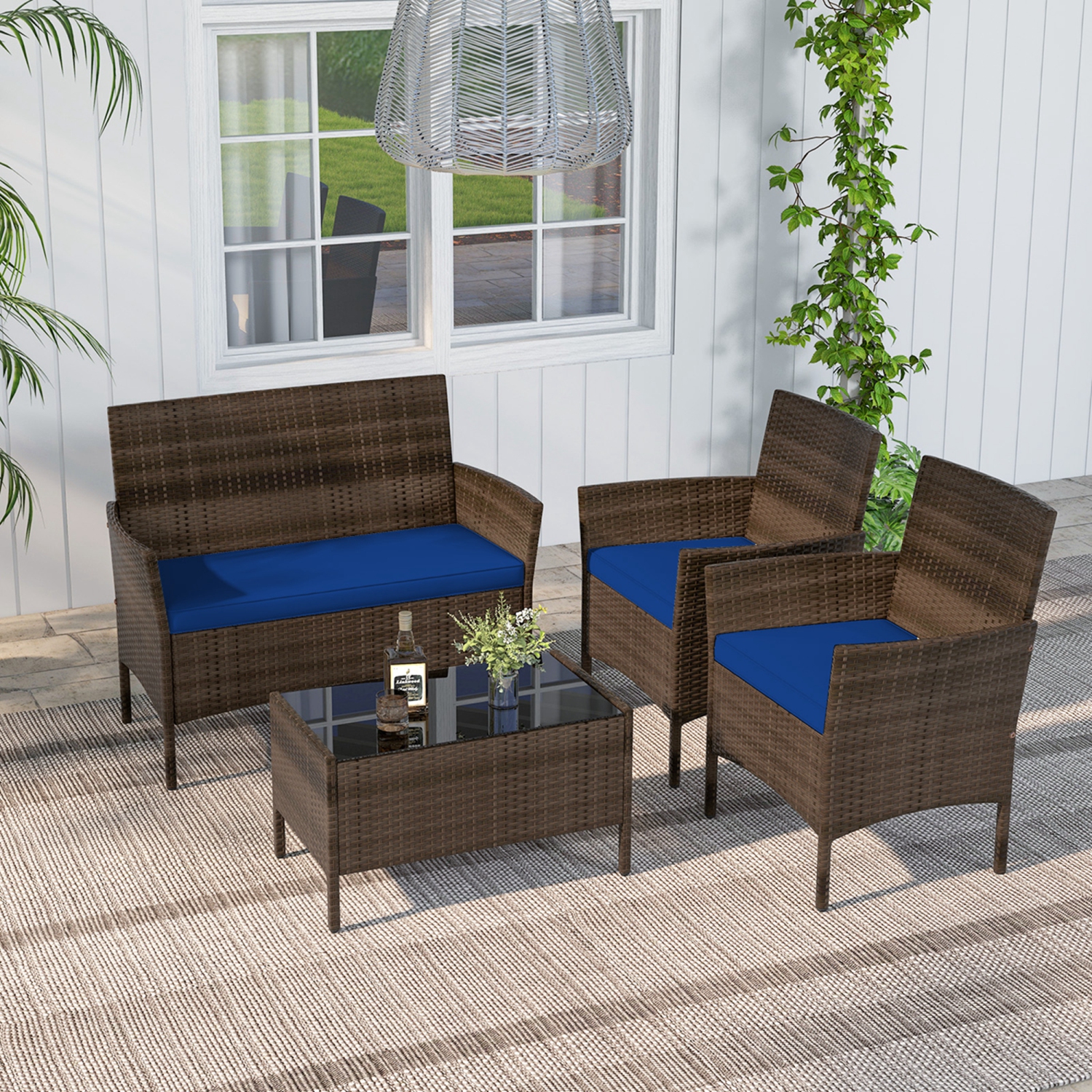 Costway 4 PCS Patio Furniture Set with Washable Cushions and Tempered Glass Coffee Table