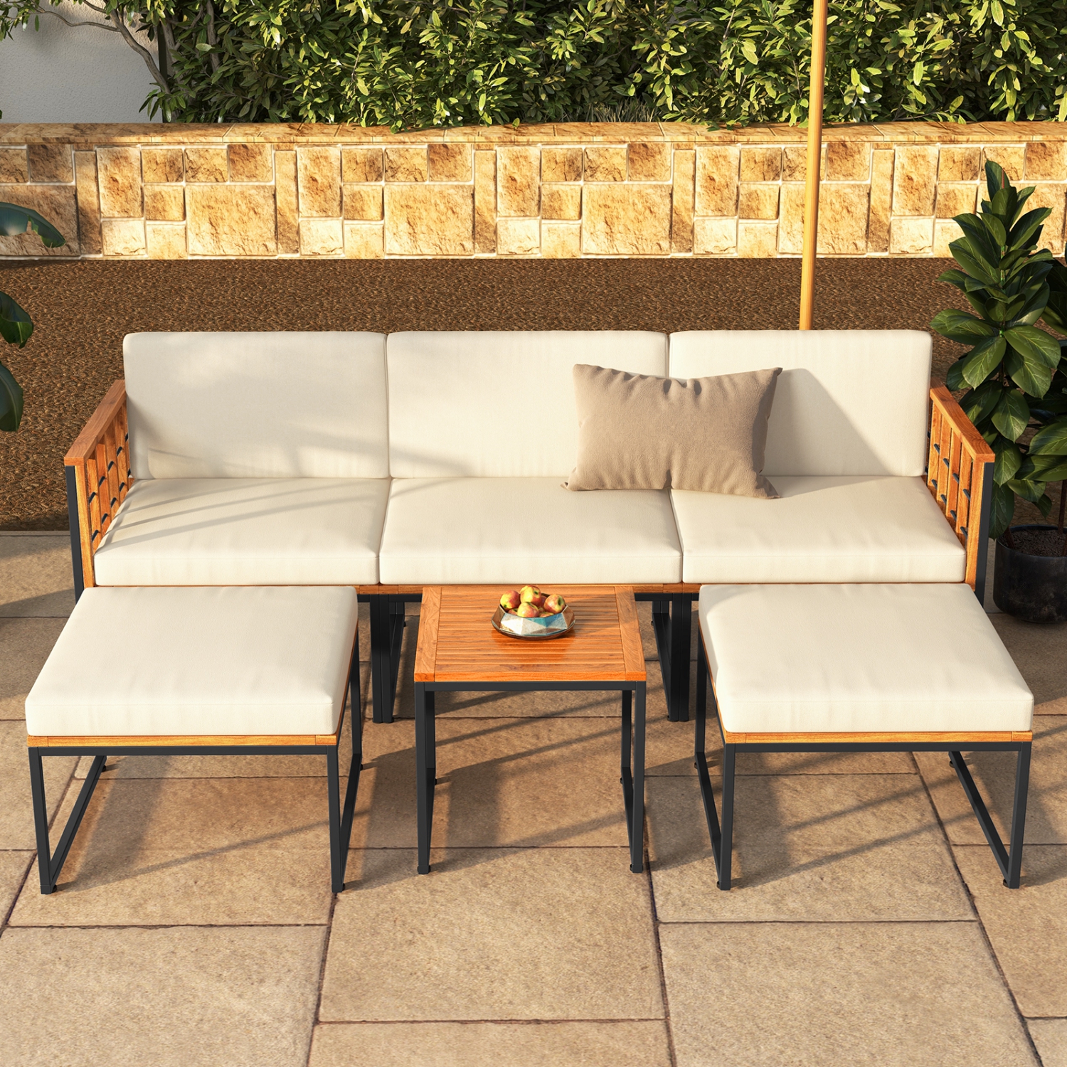 Ensemble de patio modulaire en bois d'acacia 6 pièces de Costway pour mobilier d'extérieur, beige