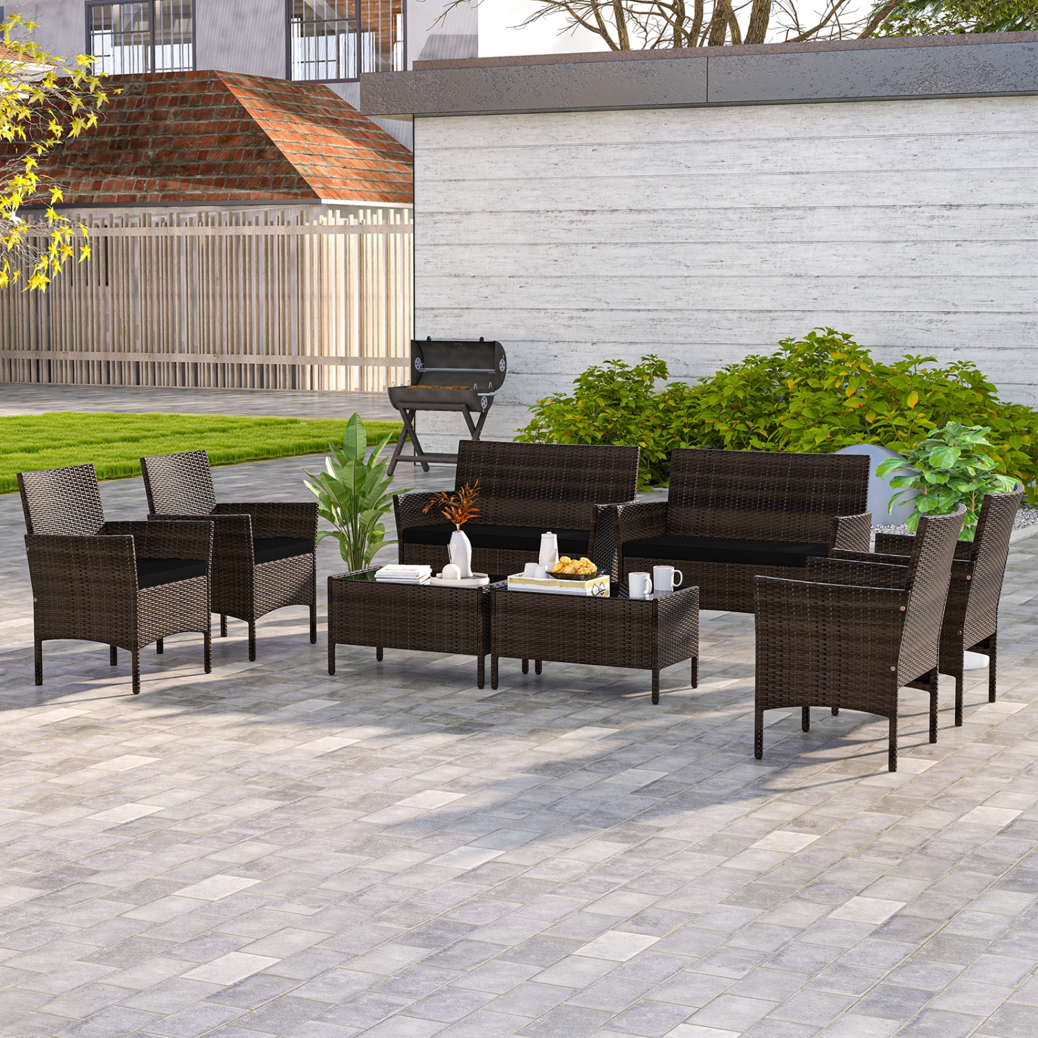 Costway 8 PCS Patio Furniture Set with Washable Cushions and Tempered Glass Coffee Table