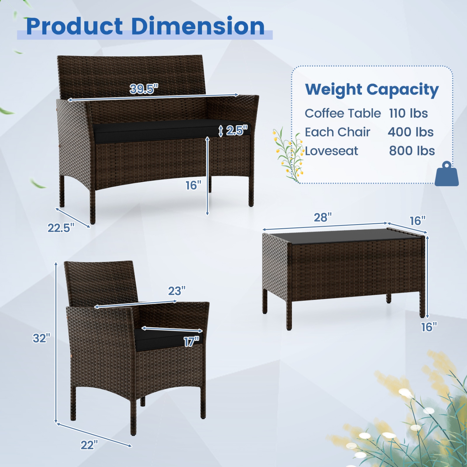 Costway 8 PCS Patio Furniture Set with Washable Cushions and Tempered Glass Coffee Table