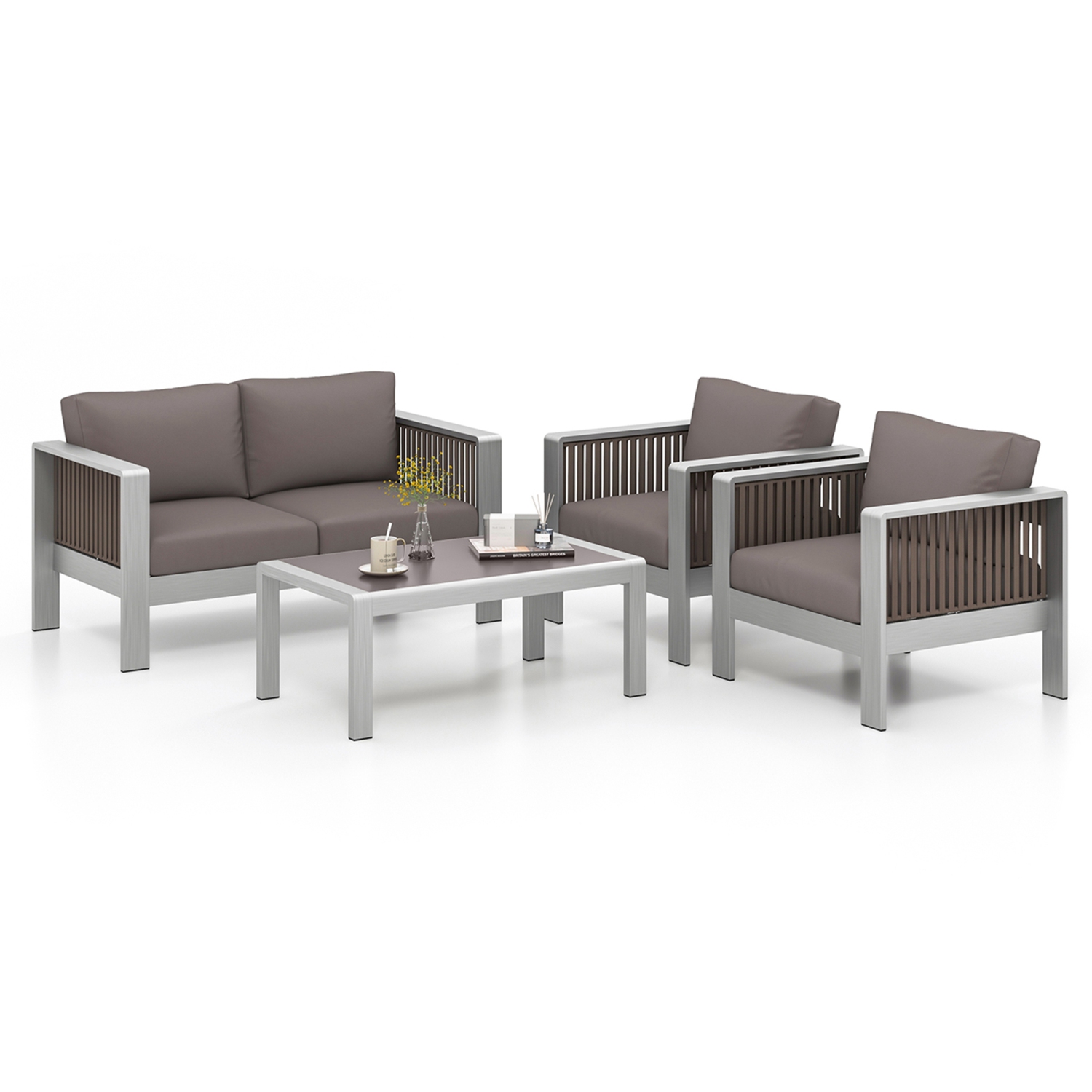 Costway 4 PCS Aluminum Patio Furniture Set with Thick Cushions & Tempered Glass Tabletop