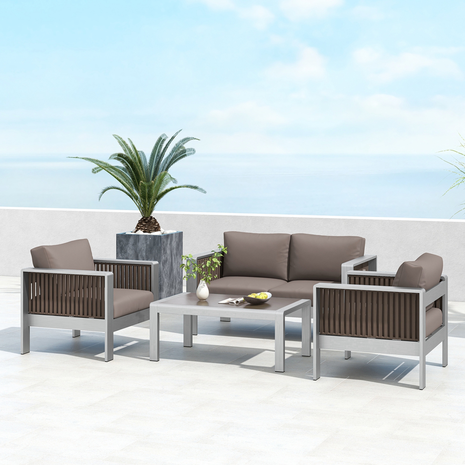Costway 4 PCS Aluminum Patio Furniture Set with Thick Cushions & Tempered Glass Tabletop