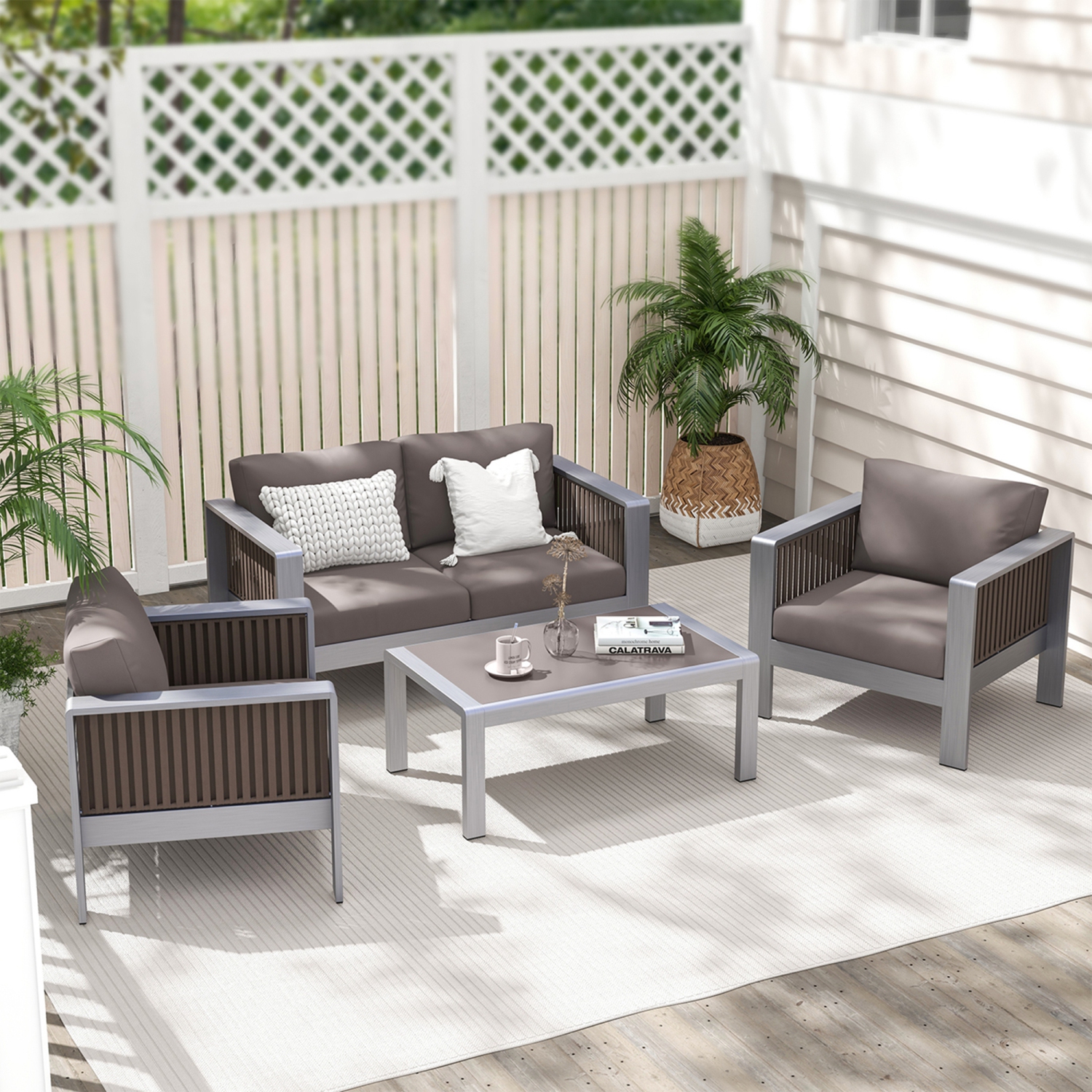 Costway 4 PCS Aluminum Patio Furniture Set with Thick Cushions & Tempered Glass Tabletop