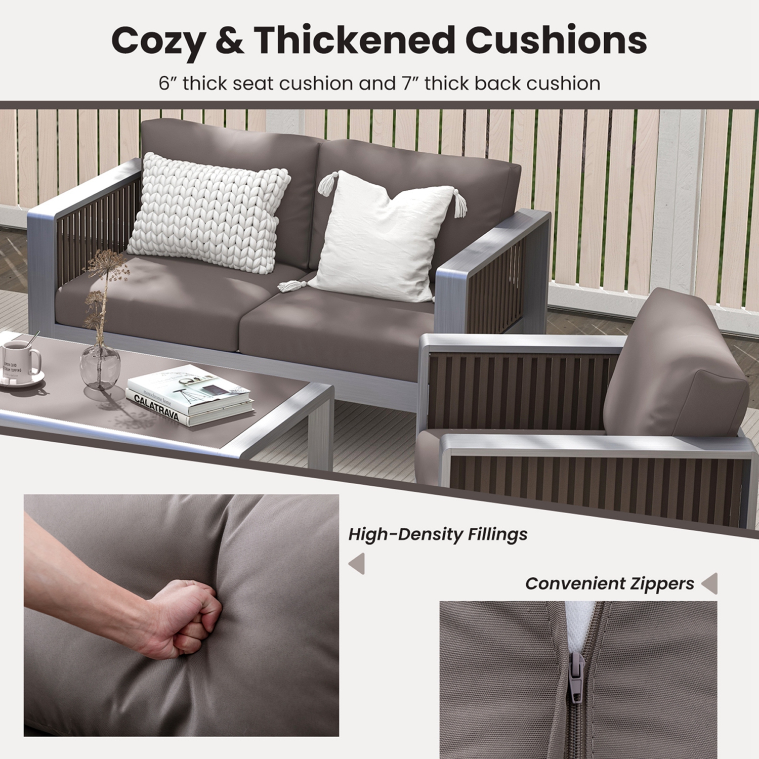 Costway 4 PCS Aluminum Patio Furniture Set with Thick Cushions & Tempered Glass Tabletop