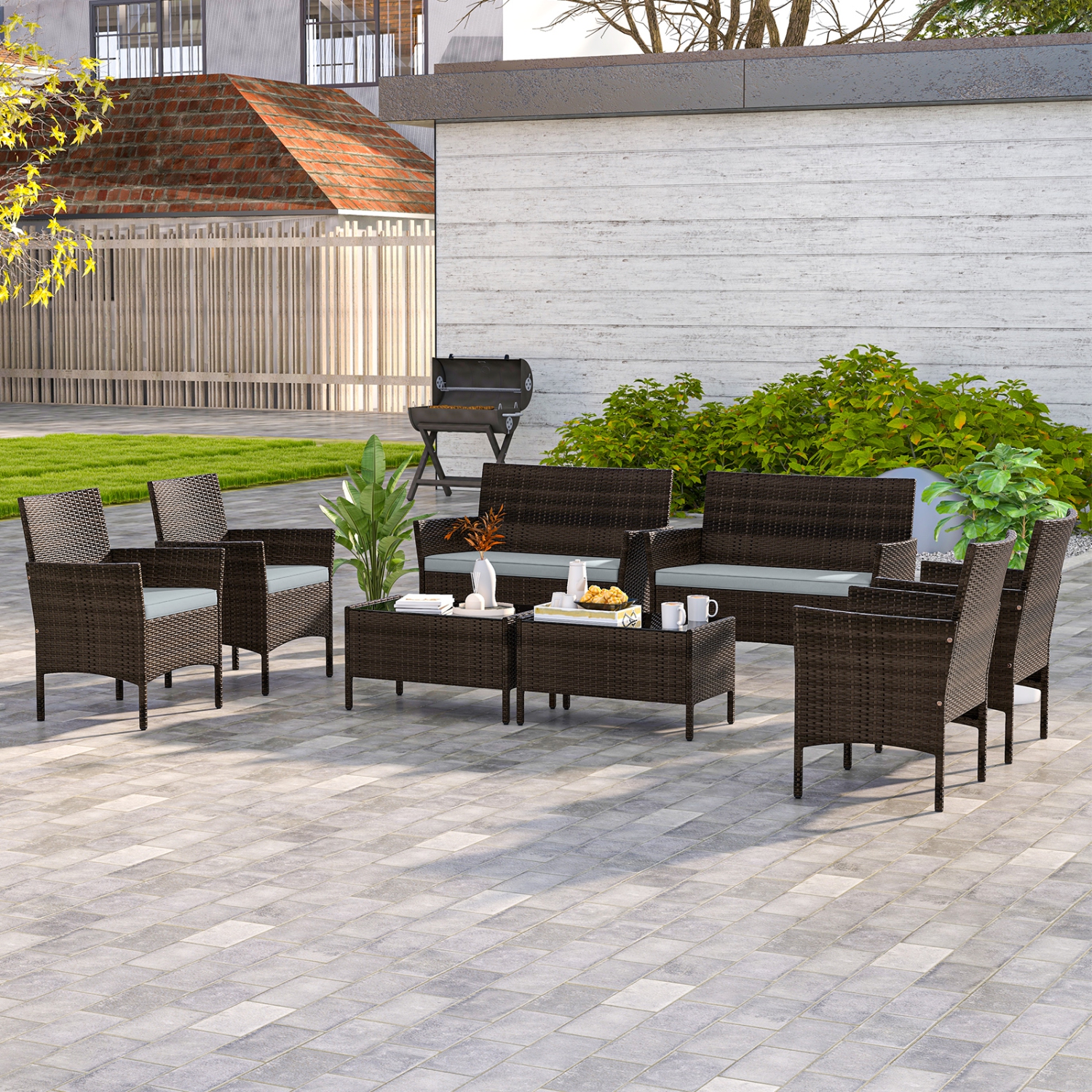 Costway 8 PCS Patio Furniture Set with Washable Cushions and Tempered Glass Coffee Table