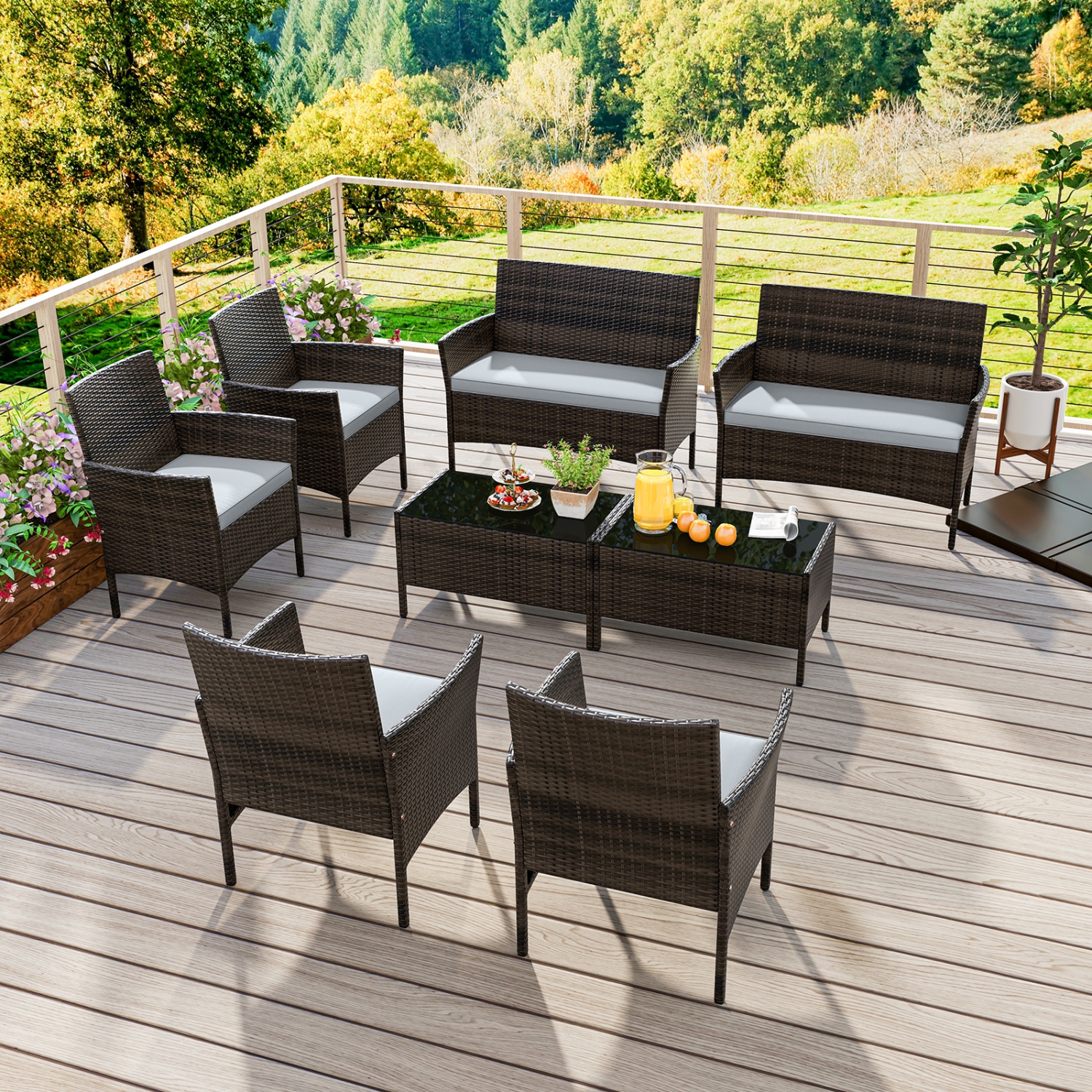 Costway 8 PCS Patio Furniture Set with Washable Cushions and Tempered Glass Coffee Table