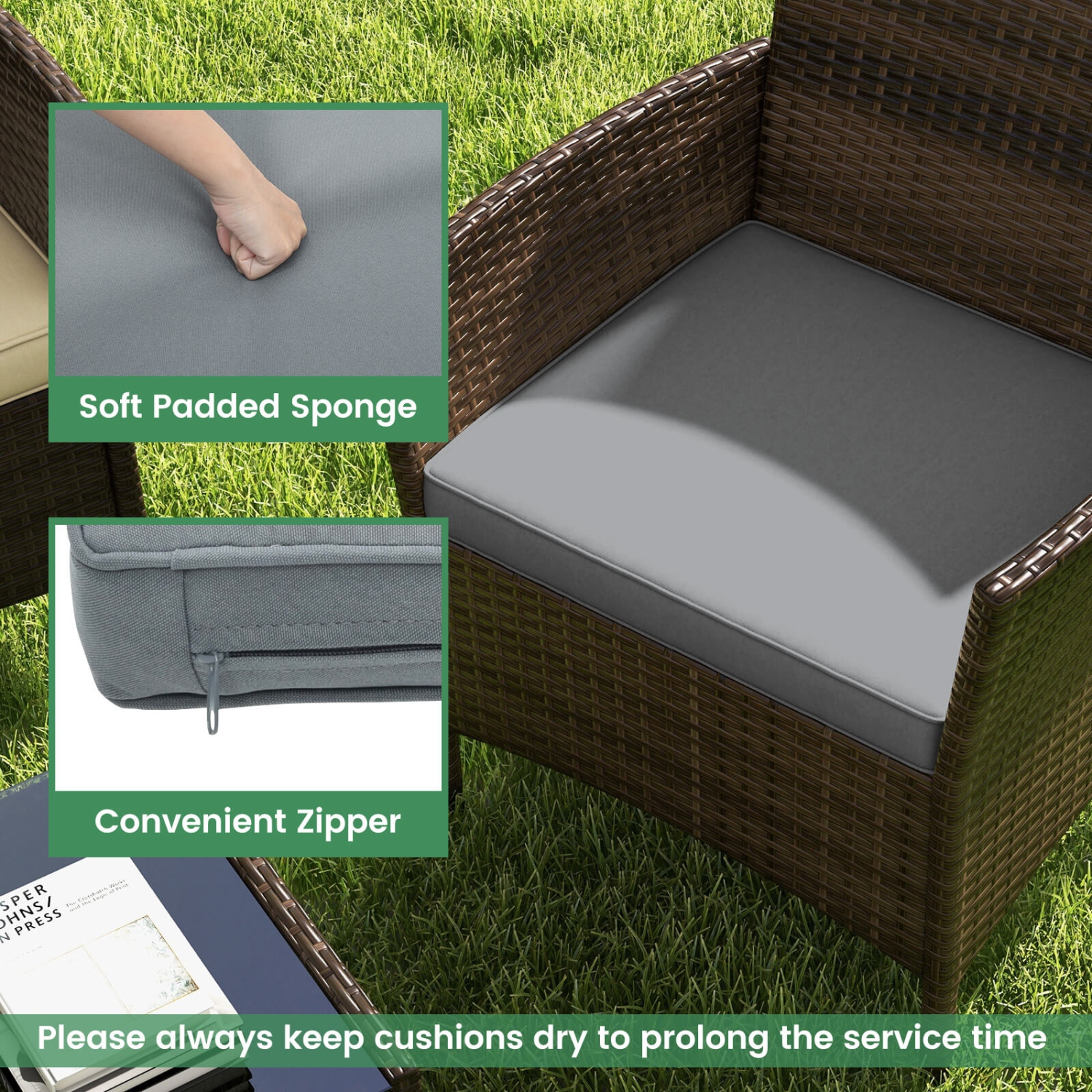 Costway 8 PCS Patio Furniture Set with Washable Cushions and Tempered Glass Coffee Table