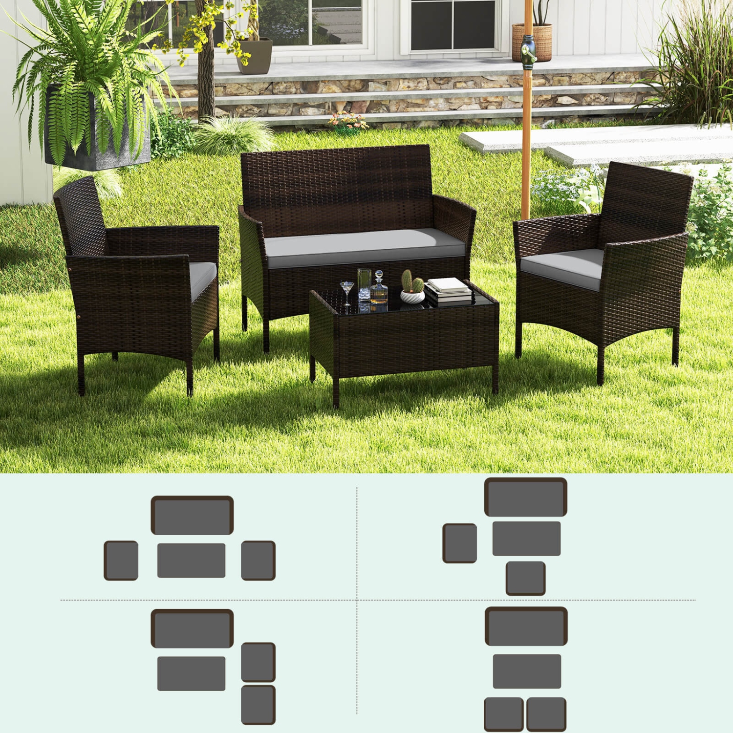 Costway 8 PCS Patio Furniture Set with Washable Cushions and Tempered Glass Coffee Table