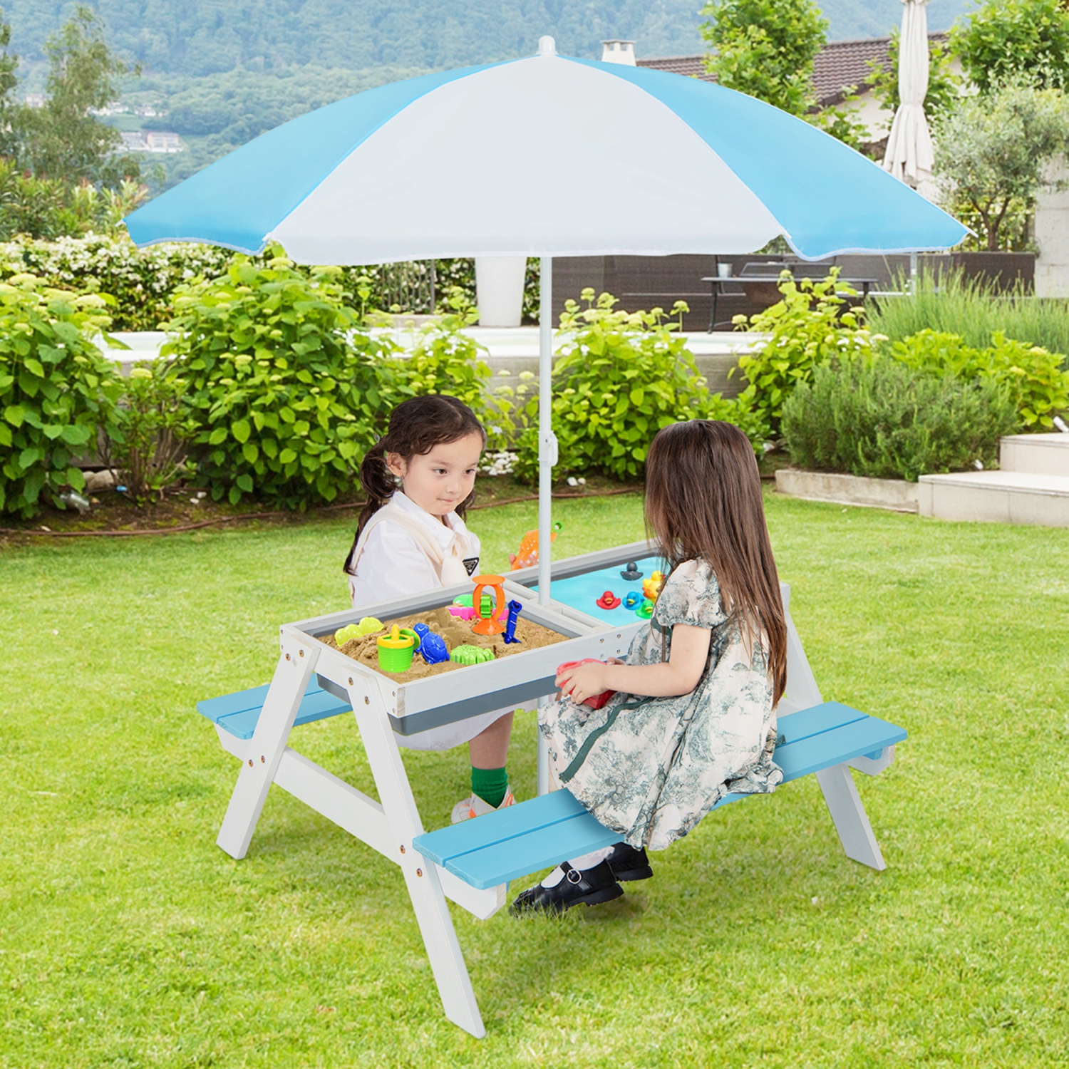 Costway 3-in-1 Kids Picnic Table Wooden Outdoor Sand & Water Table withUmbrella Play Boxes