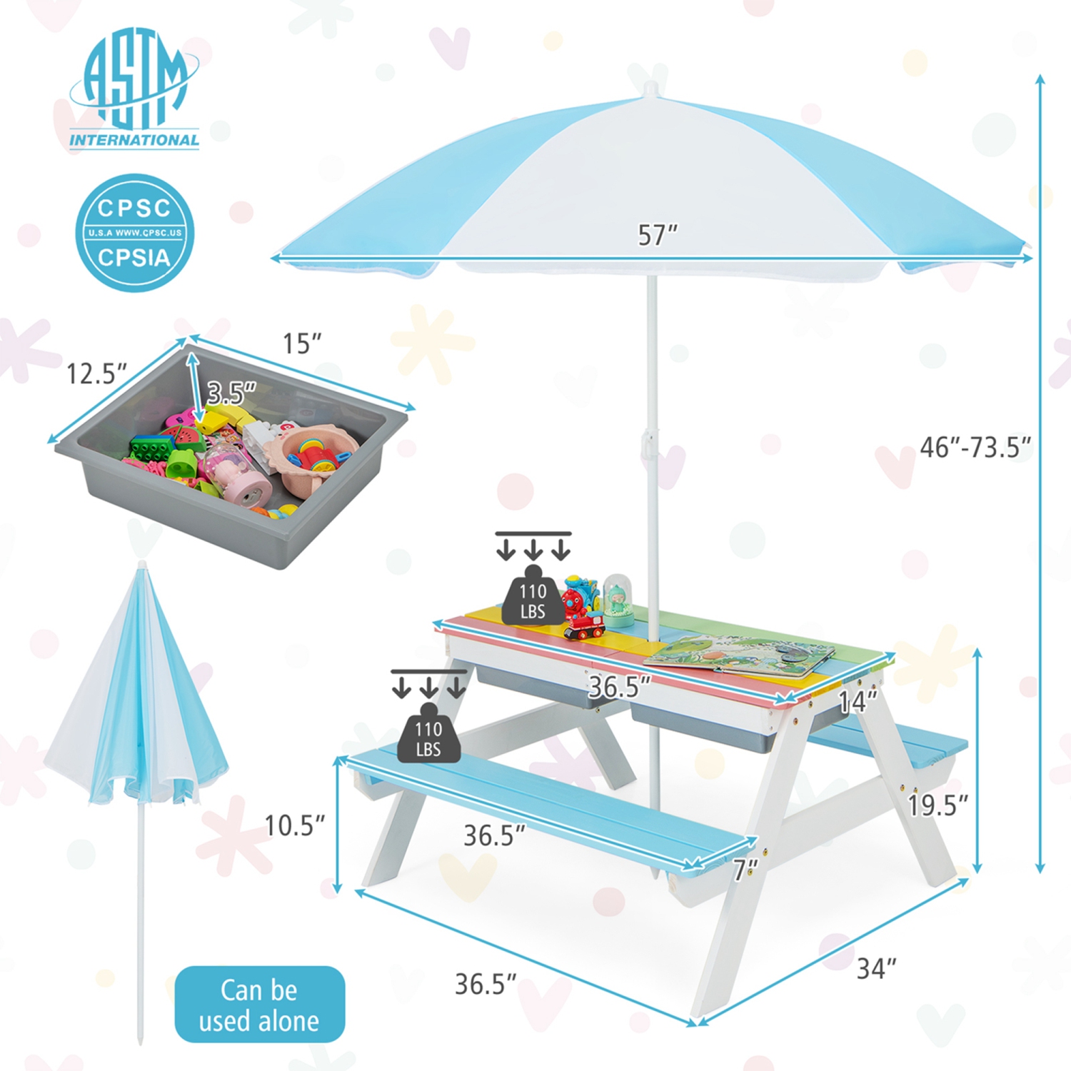 Costway 3-in-1 Kids Picnic Table Wooden Outdoor Sand & Water Table withUmbrella Play Boxes