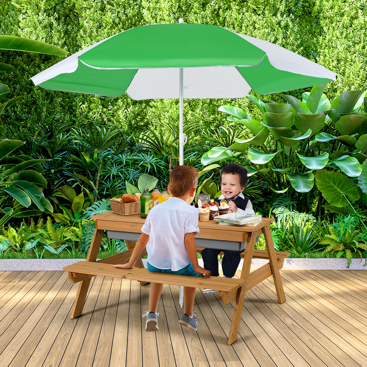 Babyjoy 3-in-1 Kids Picnic Table Outdoor Water Sand Table w/ Umbrella Play Boxes