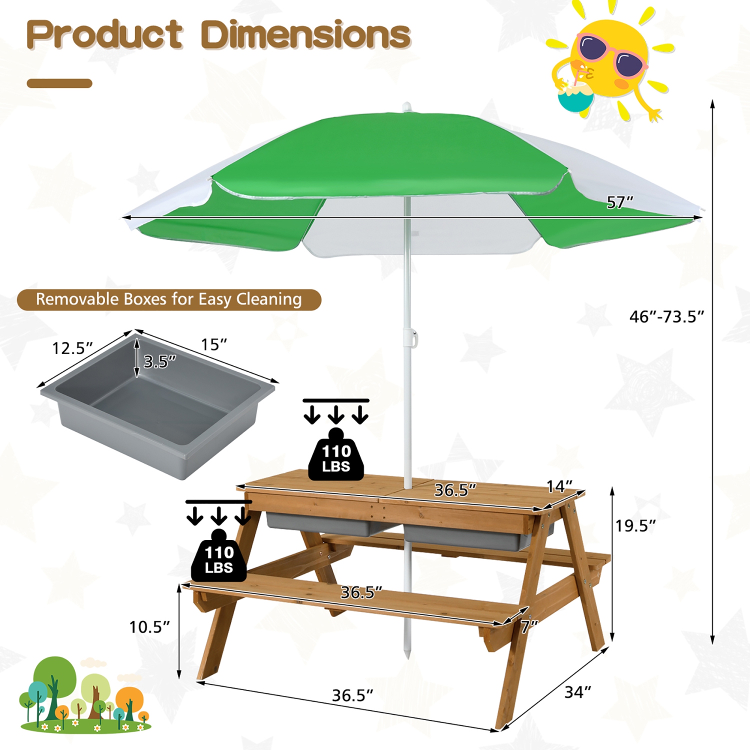 Babyjoy 3-in-1 Kids Picnic Table Outdoor Water Sand Table w/ Umbrella Play Boxes