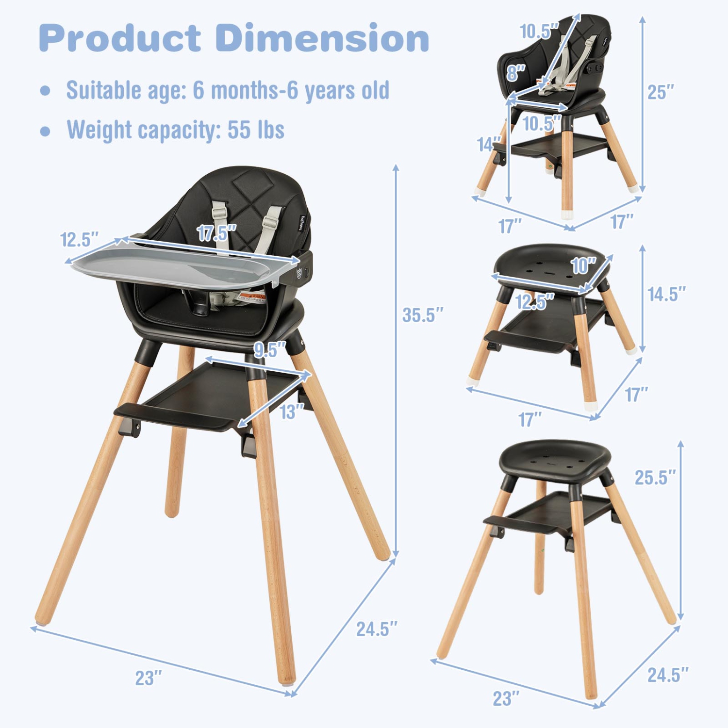 Costway 6-in-1 Convertible Wooden Baby Highchair Infant Feeding Chair with Removable Tray