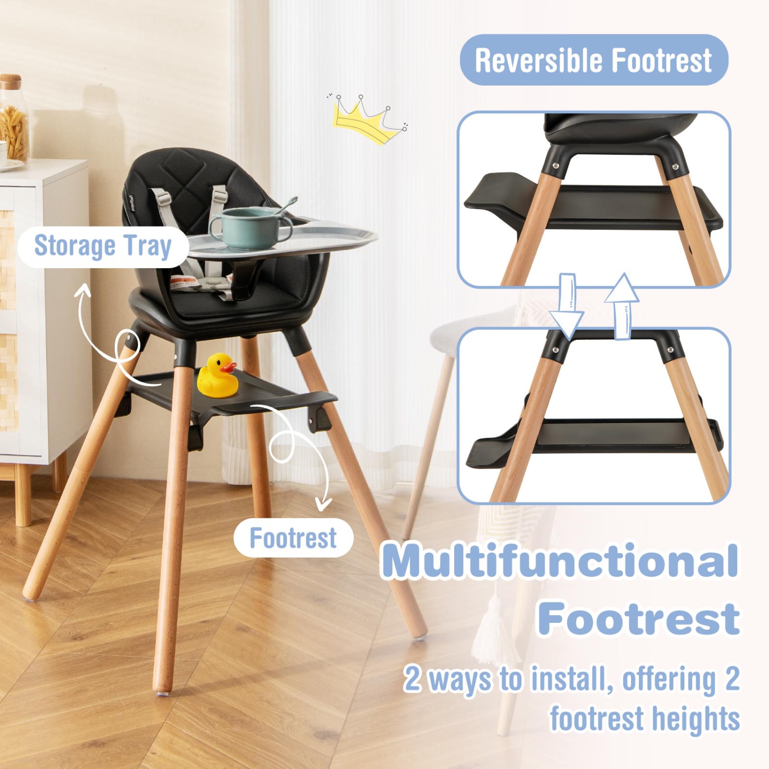 Costway 6-in-1 Convertible Wooden Baby Highchair Infant Feeding Chair with Removable Tray